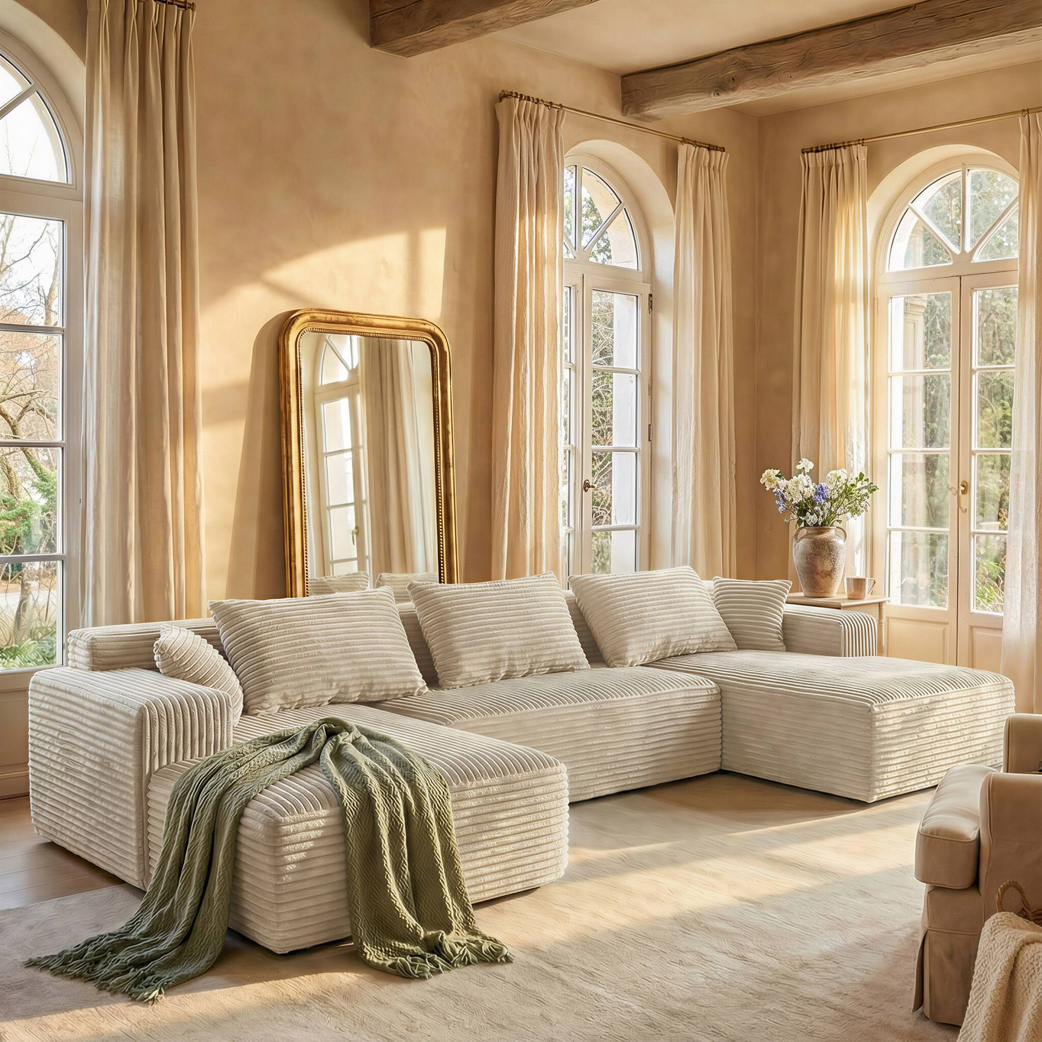 Alt View 2. FUFU & GAGA - Beige Modular Plush Velvet Sectional Sofa with Chaise, Soft High-Density Foam, Pet-Friendly Living Room Couch - White.