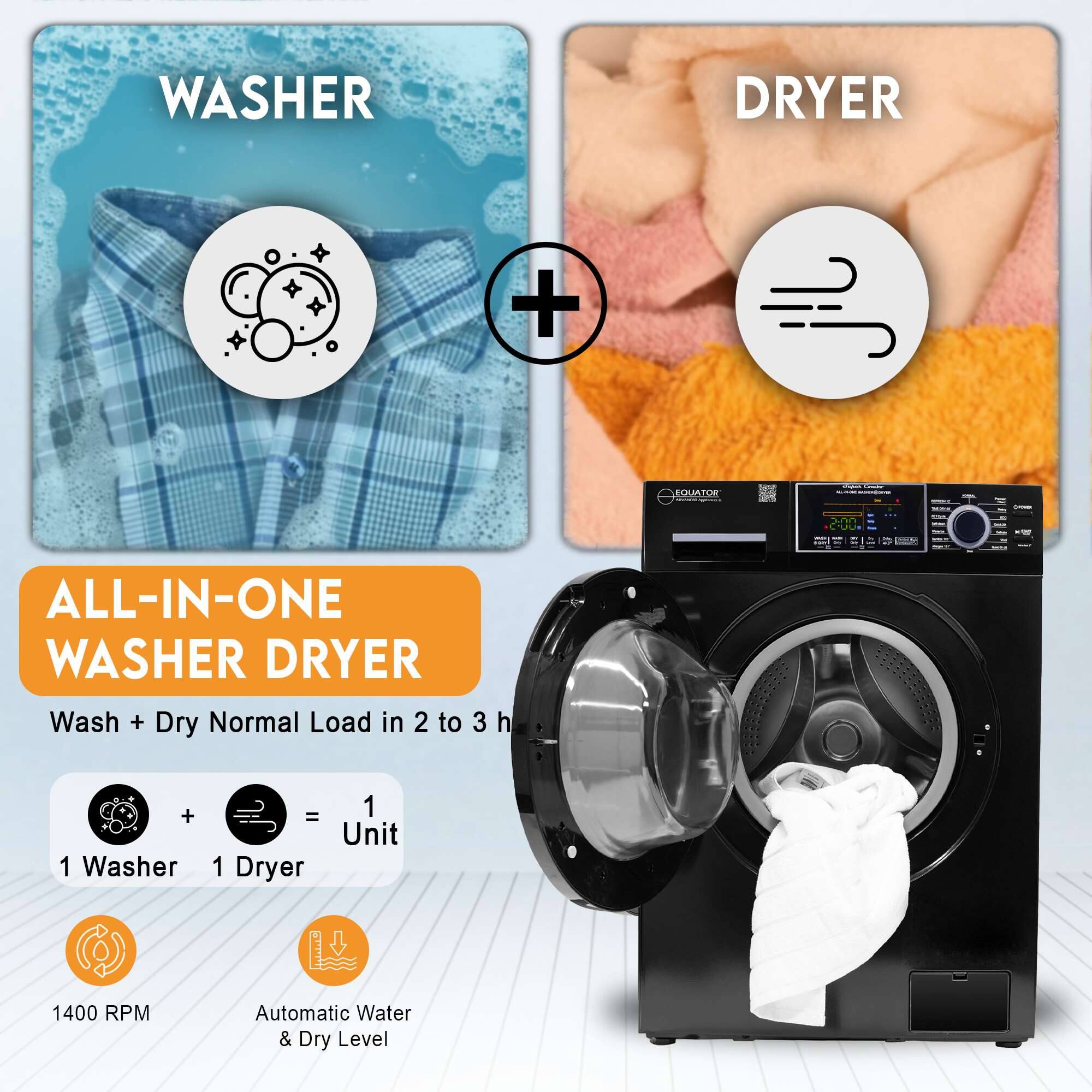 WASHER DRYER + DOMATOR ALL-IN-ONE WASHER DRYER  
Wash + Dry Normal Load in 2 to 3 h  
1 Washer = 1 Dryer  
1 Unit  
1400 RPM  
Automatic Water & Dry Level