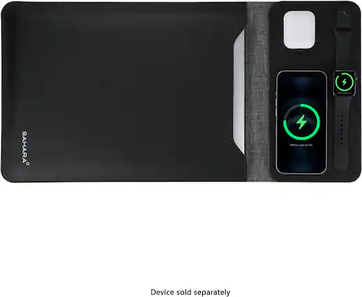 The image features a black and grey case with a cell phone and a watch. The watch has a green face and a green lightning bolt on it. The case is designed to hold the cell phone and the watch securely. The text on the image reads "device sold separately," indicating that the cell phone and the watch are not included in the case and must be purchased separately.