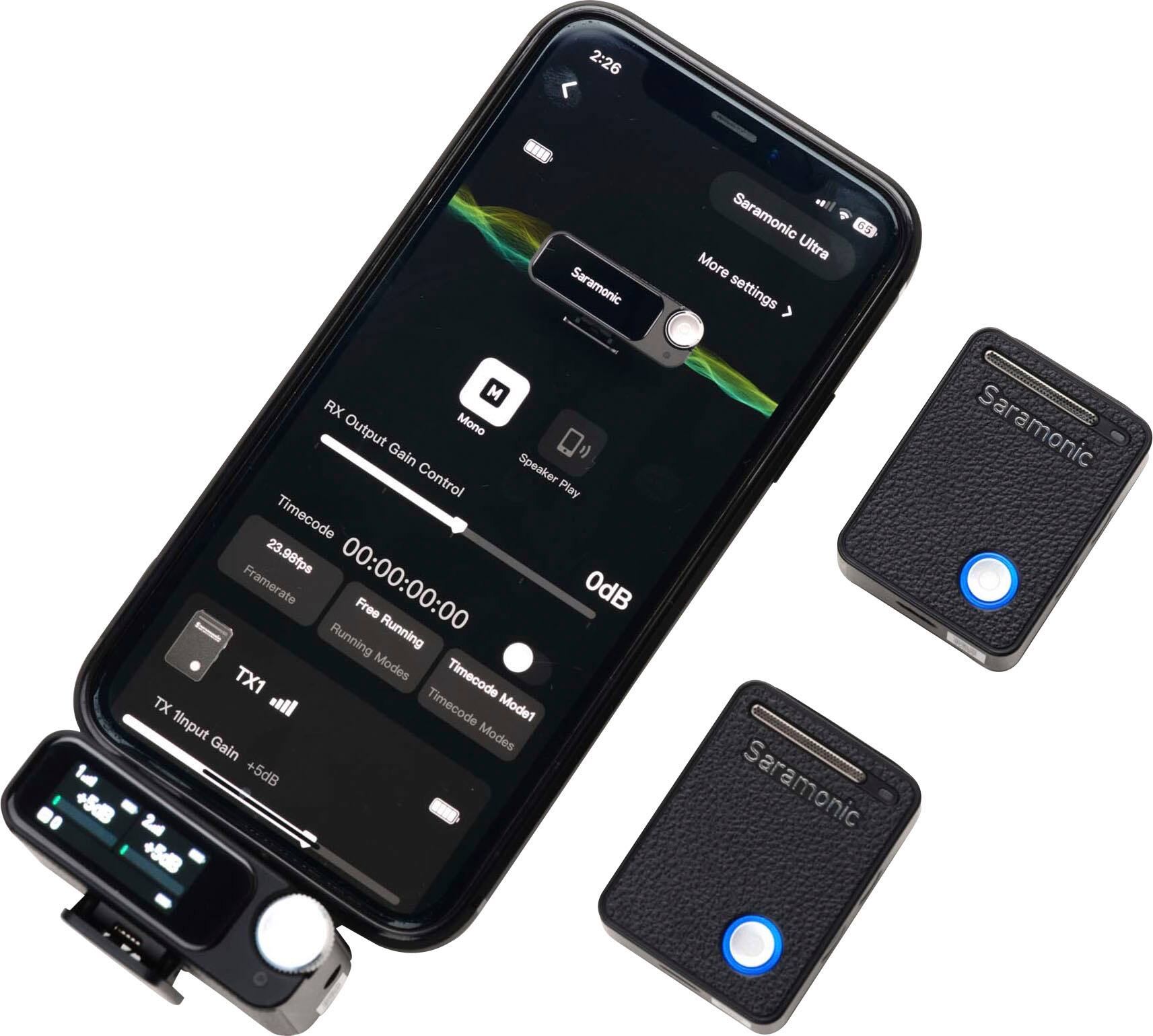 The text on the image is grouped and corrected as follows:
"2:26 Saramonic RX Output Mono Gain Control Speaker Play Timecode 23.98fps Framerate 00:00:00:00 Free Running OdB Running TX1 Modes Timecode TX Timecode Mode1 1Input Modes Gain 1a +5dB +5dB 24 +5dB Saramonic 6 Ultra More settings Saramonic Saramonic."