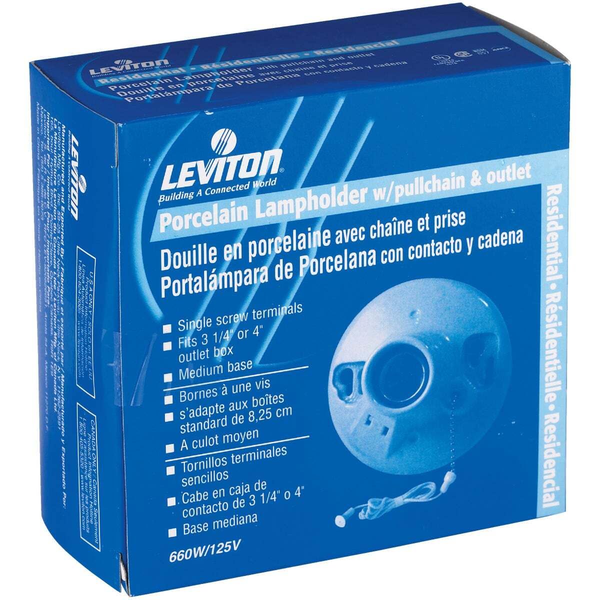 Vanada Residencial e 4TD Residencial he LEVITON wt pullchain & outlet amp holder CRi e cAtae Residencial Porcelain Porcelain en de Douille Portalmpara LEVITON LEVITON. Connected World w/pullchain & outlet amp Building Lampholder Espartea Porcelain chain et prise porcelaine avec cadena Residential- en contacto y Douille Porcelana con de Portalmpara . screw terminals Single or 4" Fits 3 1/4 outlet box Residencial- Medium base une vis Bornes botes Residencial-Residencial s'adapte aux cm . de 8,25 d standard te A culot moyen Tornillos terminales Residencial sencillos de Cabe en caja 1/4" 0 4" de 3 contacto Base mediana 660W/125V