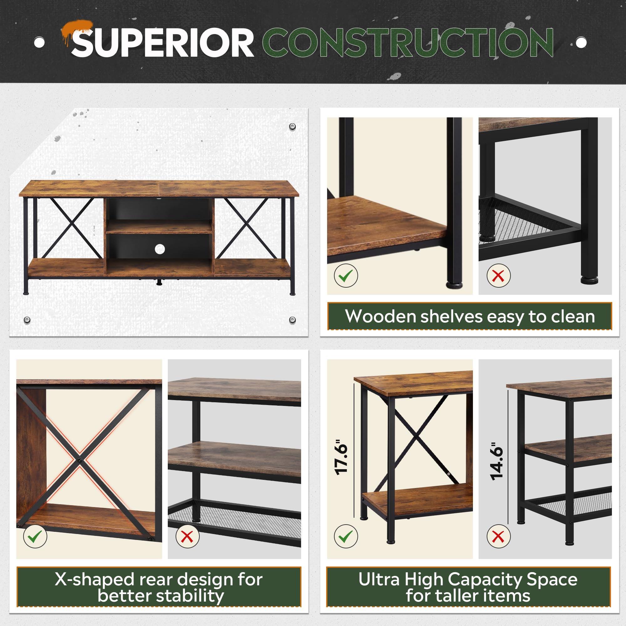 SUPERIOR CONSTRUCTION

- Wooden shelves easy to clean
- X-shaped rear design for better stability
- Ultra High Capacity Space for taller items

17.6" x 14.6"