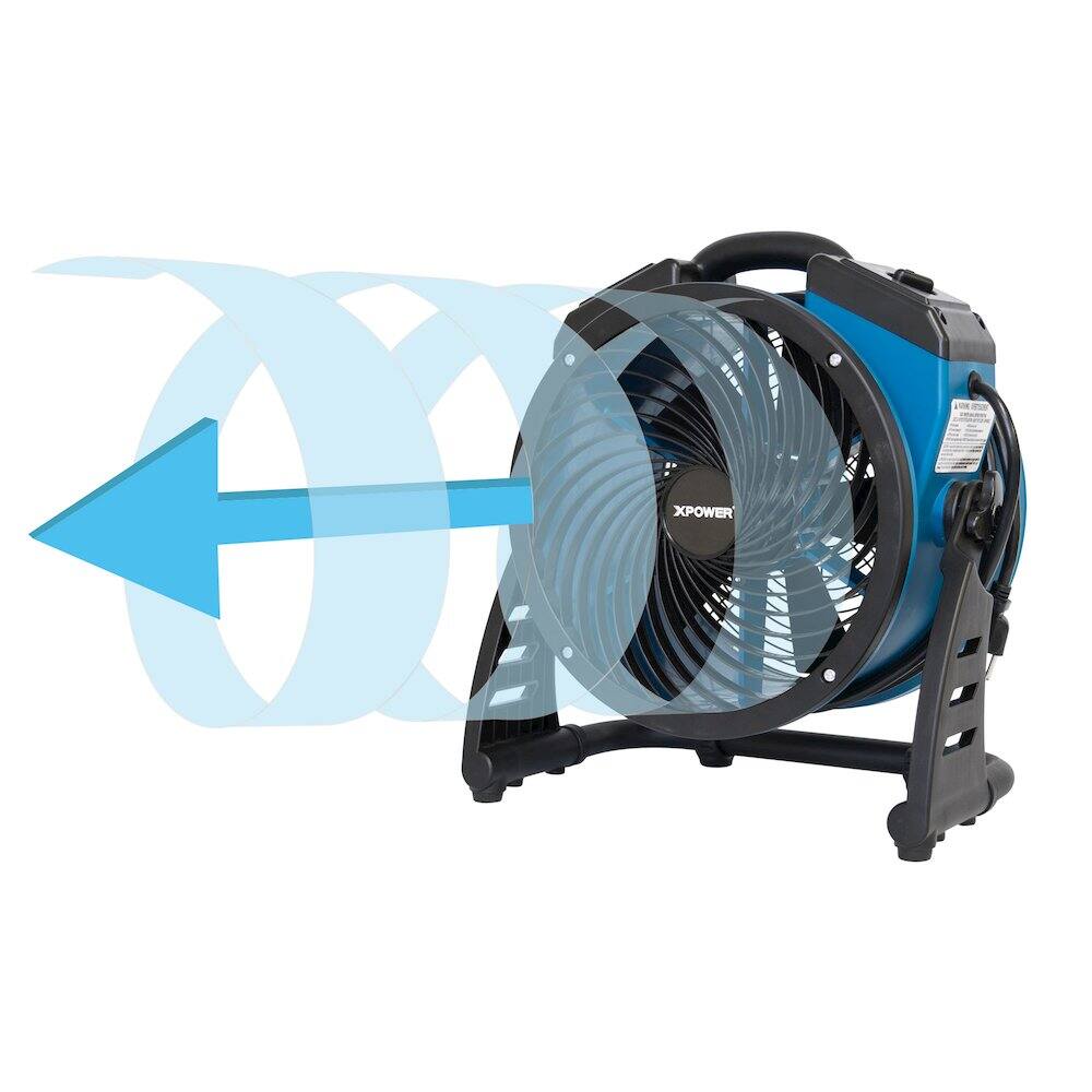 Angle. XPOWER - 4 Speed 11" Ventilation Axial Air Mover, Blower, Fan with Built-in Power Outlets - Blue.