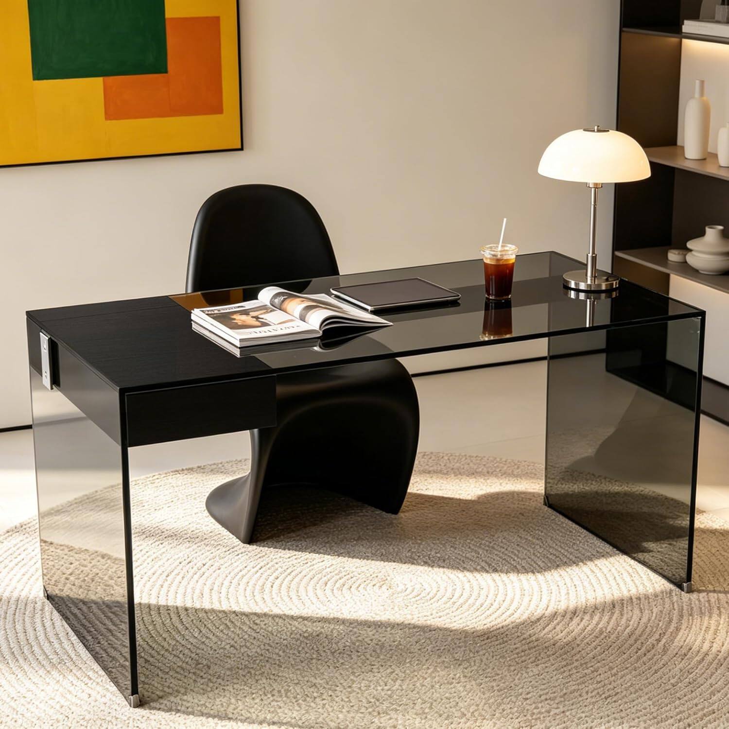 Alt View 1. luck idea - 53.14" Black Tempered Glass Computer Desk with Side Storage Drawer Modern Waterproof Office Writing Gaming Desk - brown.