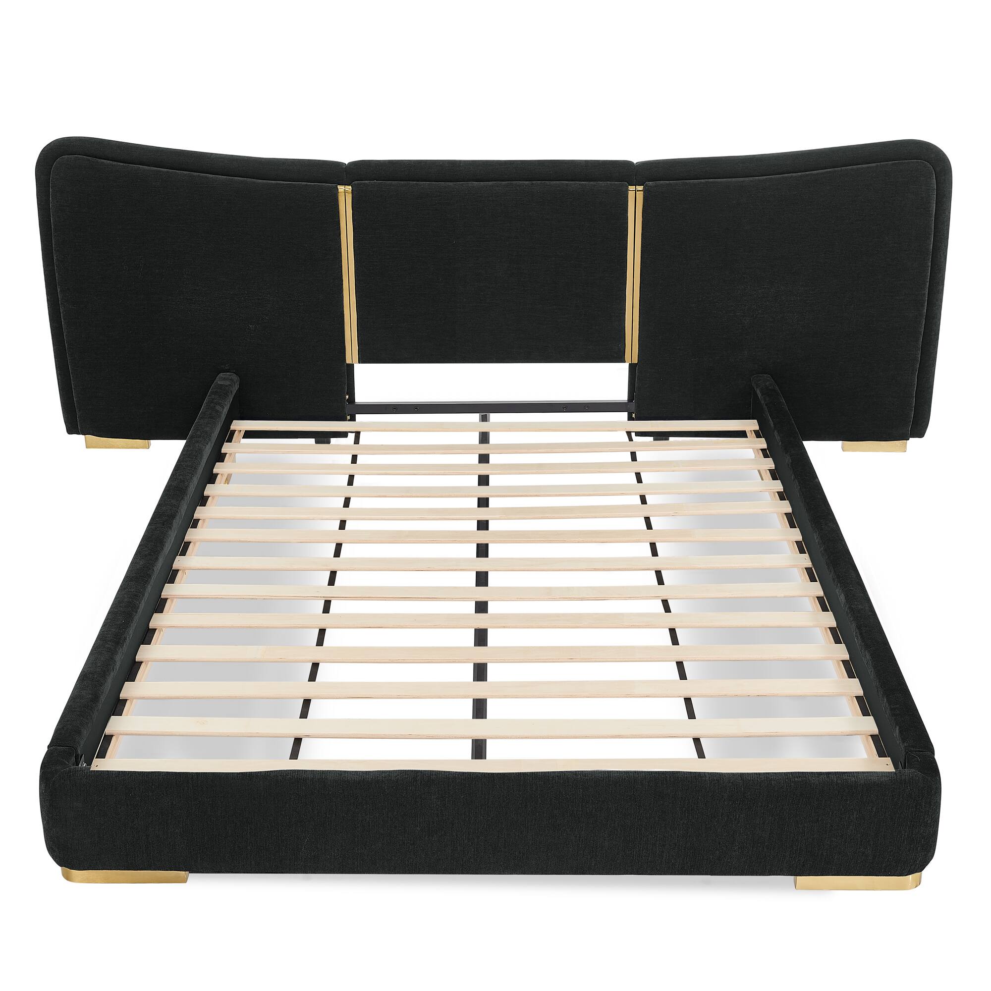 Left. Whisen - Upholstered Platform Bed,Soft Chenille Fabric Frame with Curved Headboard & Metal Legs - Black.
