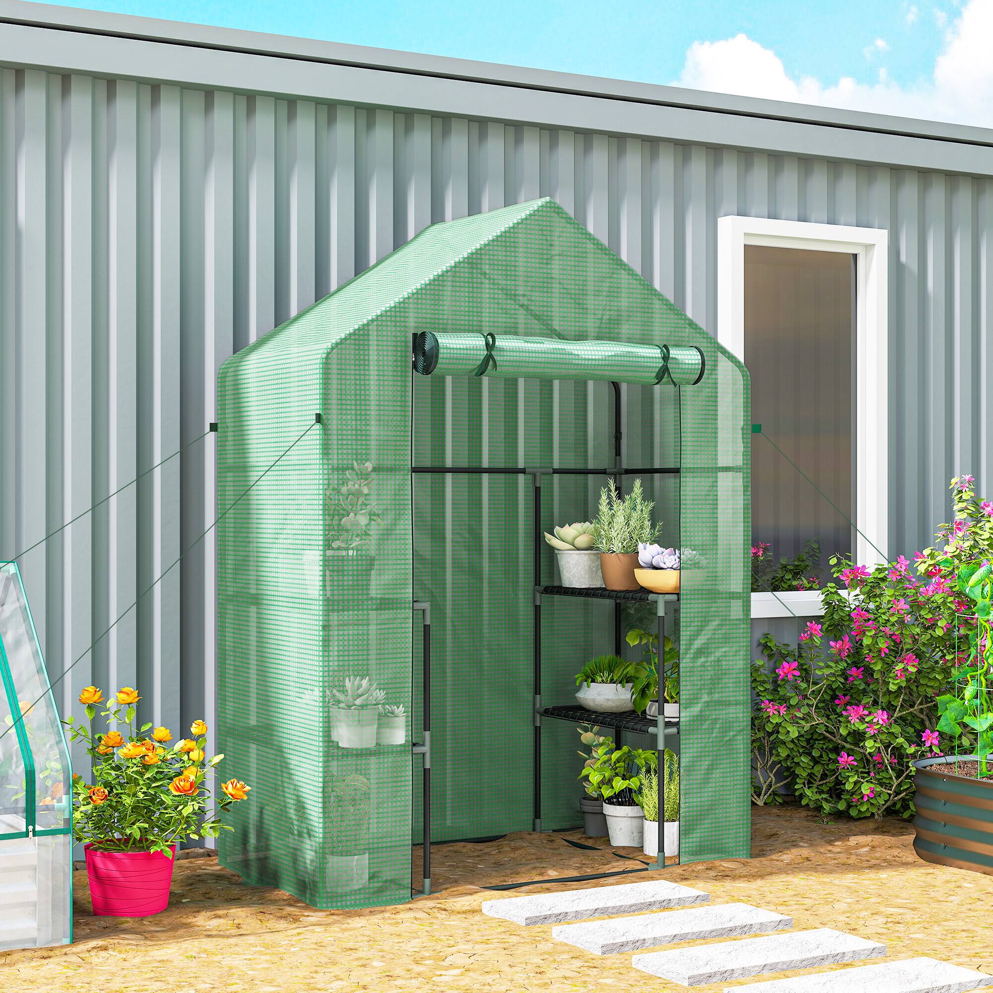 Alt View 1. Outsunny - x 29" x 77" Walk-in Greenhouse, Garden Hot House with 3 Tier Shleves.