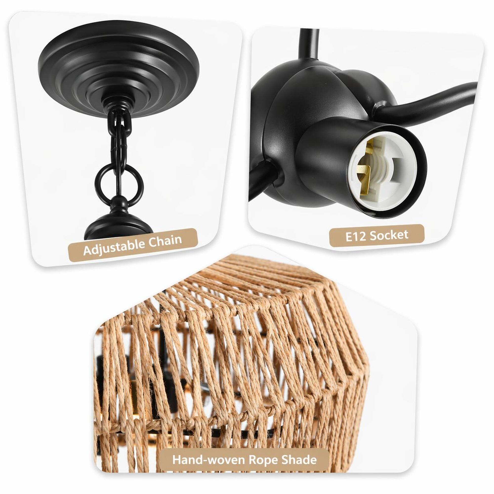 Adjustable Chain  
E12 Socket  
Hand-woven Rope Shade