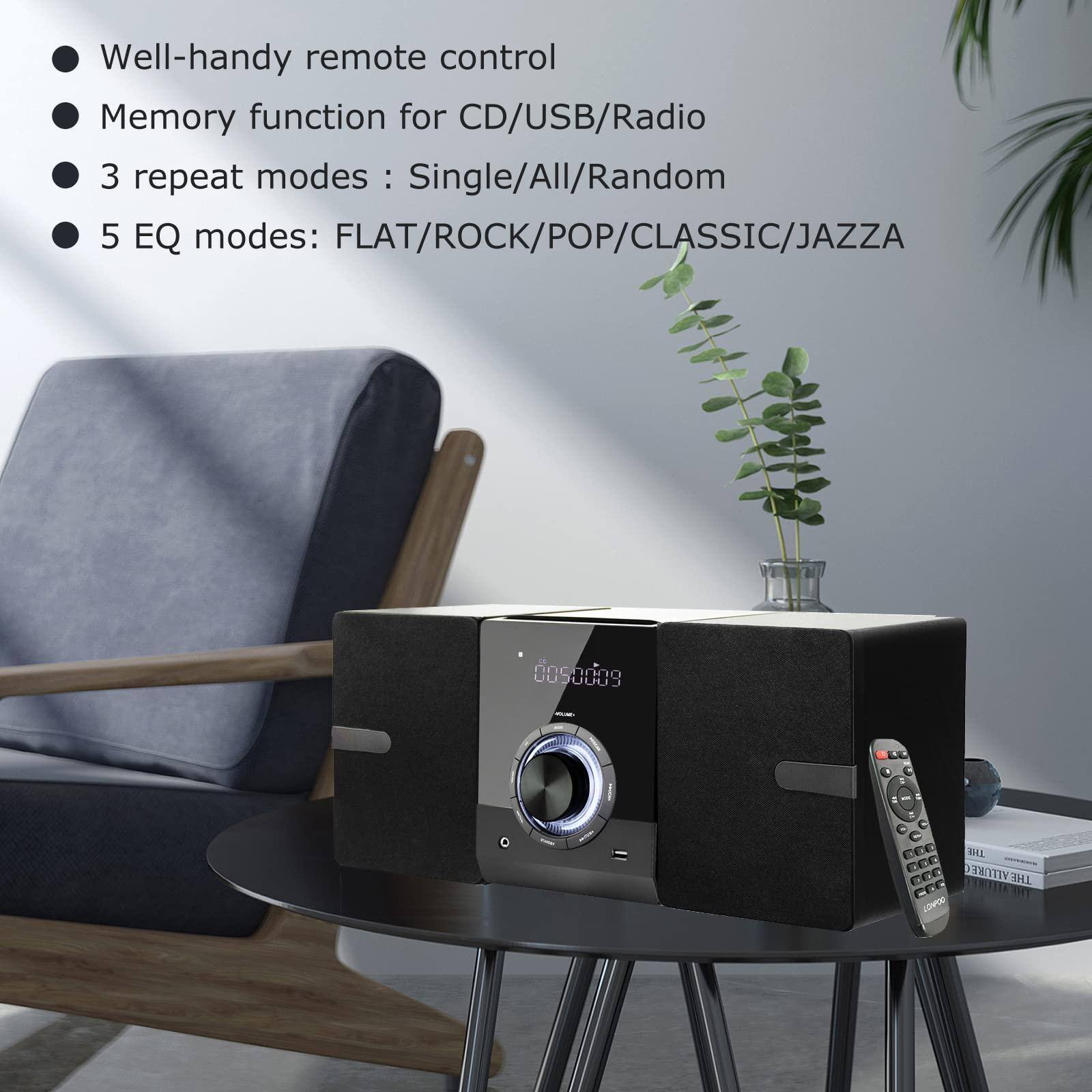 - Well-handy remote control
- Memory function for CD/USB/Radio
- 3 repeat modes: Single/All/Random
- 5 EQ modes: FLAT/ROCK/POP/CLASSIC/JAZZA