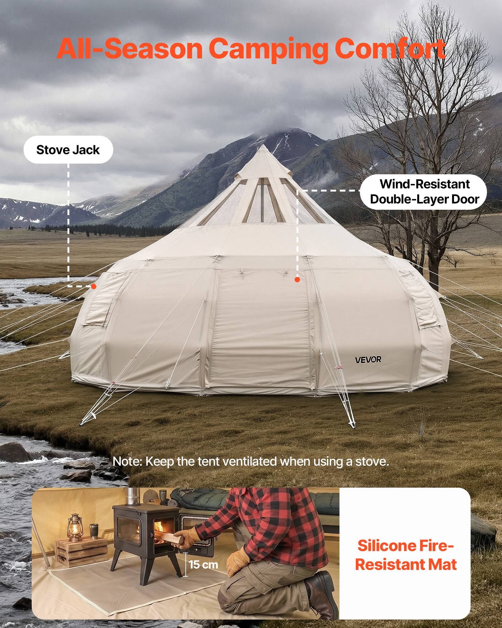 All-Season Camping Comfort Stove Jack Wind-Resistant Double-Layer Door VEVOR

Note: Keep the tent ventilated when using a stove.

15 cm Silicone Fire-Resistant Mat
