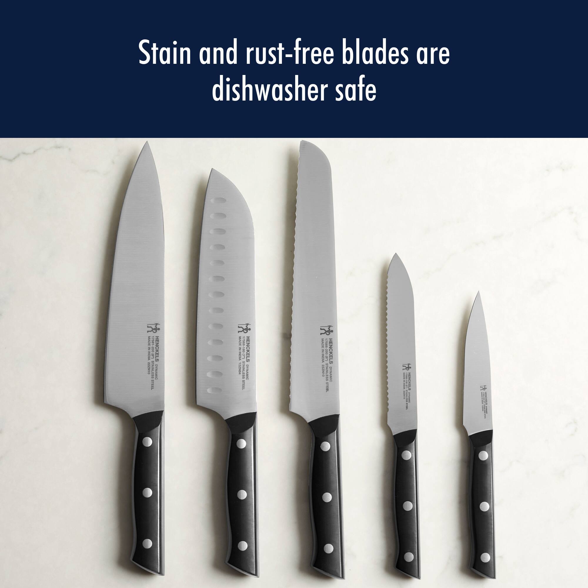 Stain and rust-free blades are dishwasher safe