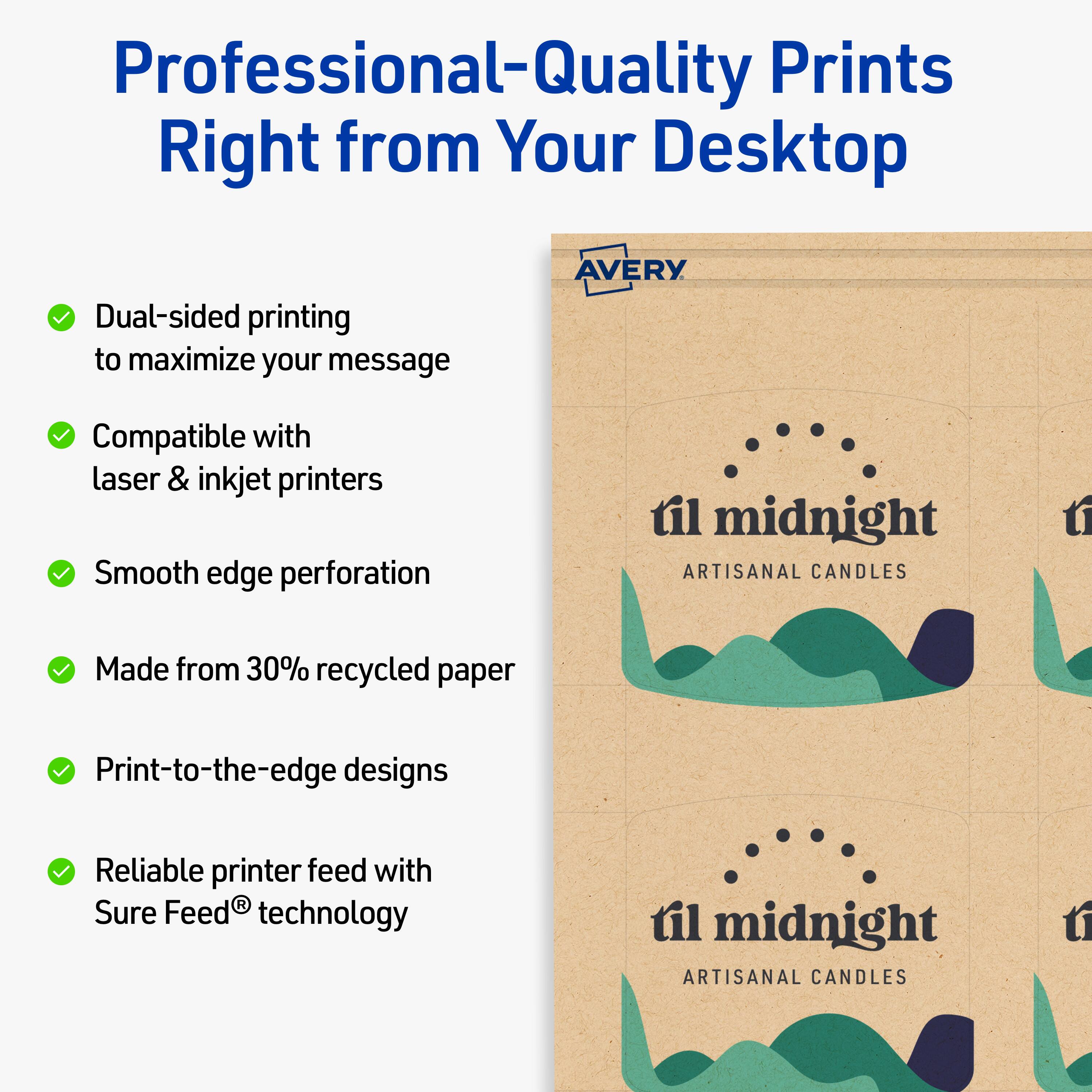 Professional-Quality Prints Right from Your Desktop

- Dual-sided printing to maximize your message
- Compatible with laser & inkjet printers
- Smooth edge perforation
- Made from 30% recycled paper
- Print-to-the-edge designs
- Reliable printer feed with Sure Feed® technology

til midnight  
ARTISANAL CANDLES