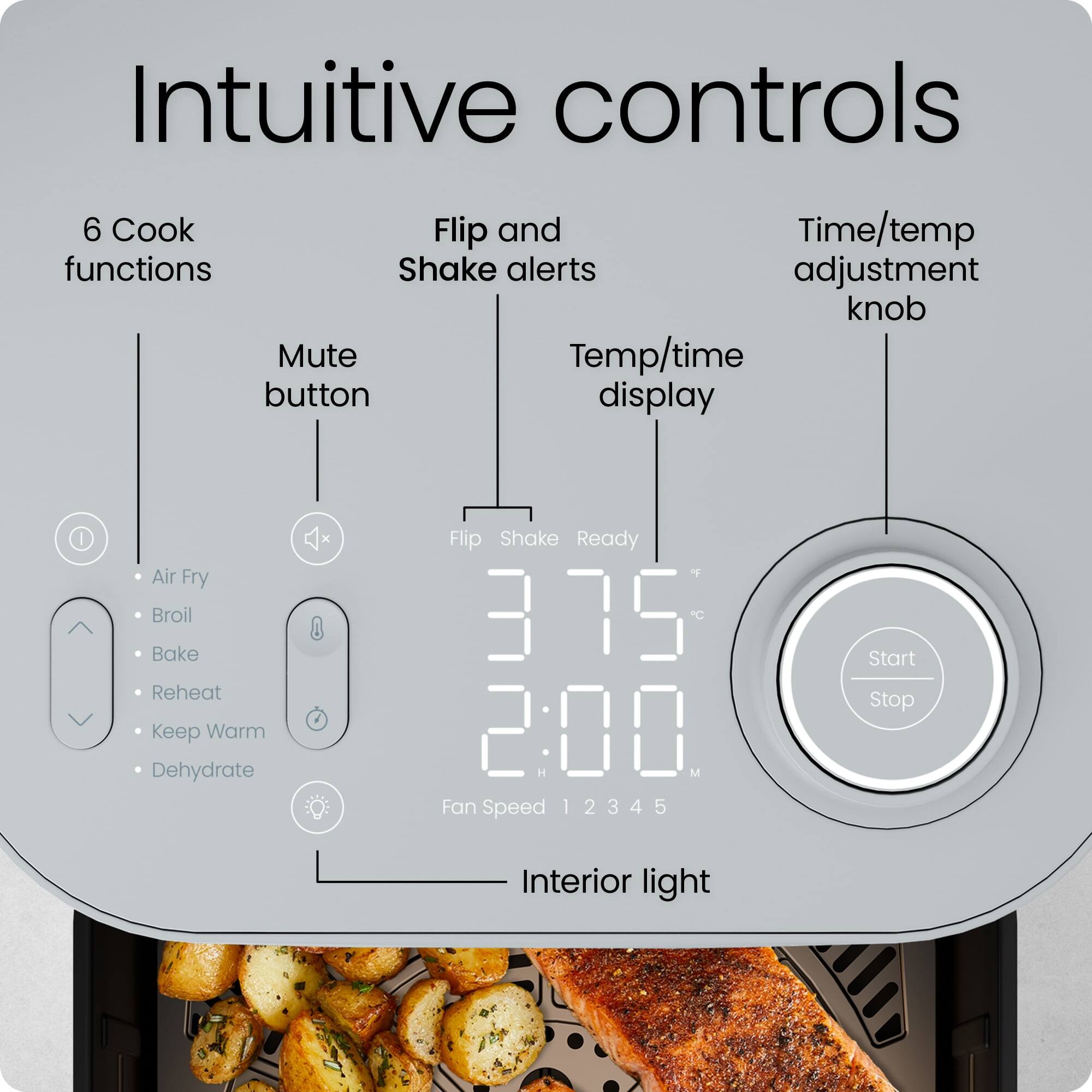Intuitive controls

6 Cook functions
- Air Fry
- Broil
- Bake
- Reheat
- Keep Warm
- Dehydrate

Flip and Shake alerts
- Flip
- Shake
- Ready

Mute button

Temp/time display
- 375°F
- 2:00

Time/temp adjustment knob

Start Stop

Fan Speed 1 2 3 4 5

Interior light