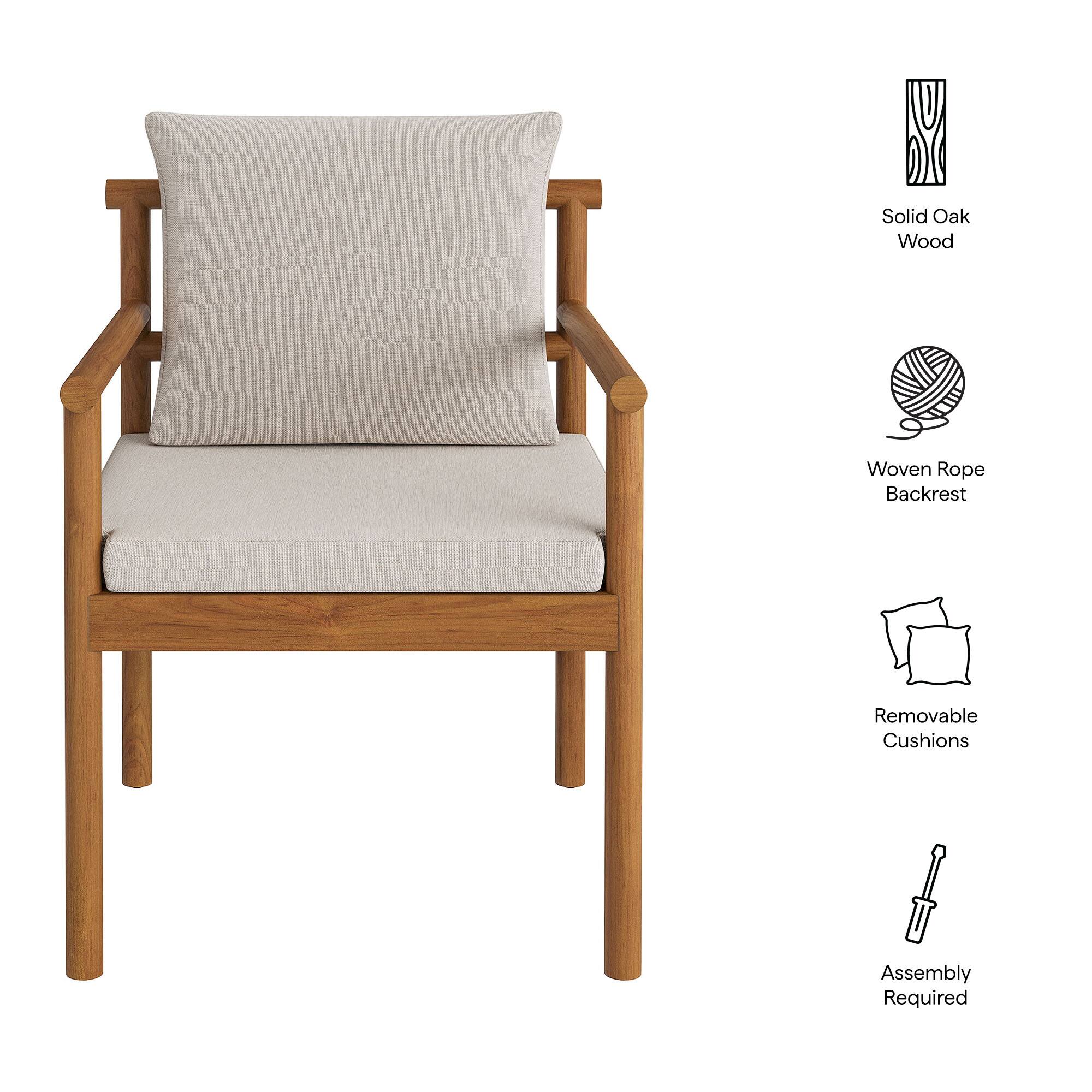 Solid Oak Wood  
Woven Rope Backrest  
Removable Cushions  
Assembly Required