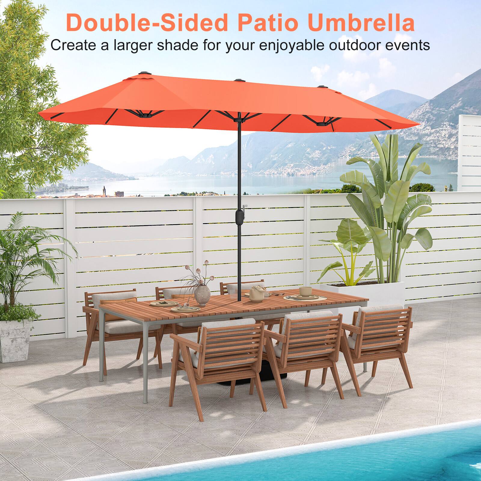 Double-Sided Patio Umbrella  
Create a larger shade for your enjoyable outdoor events