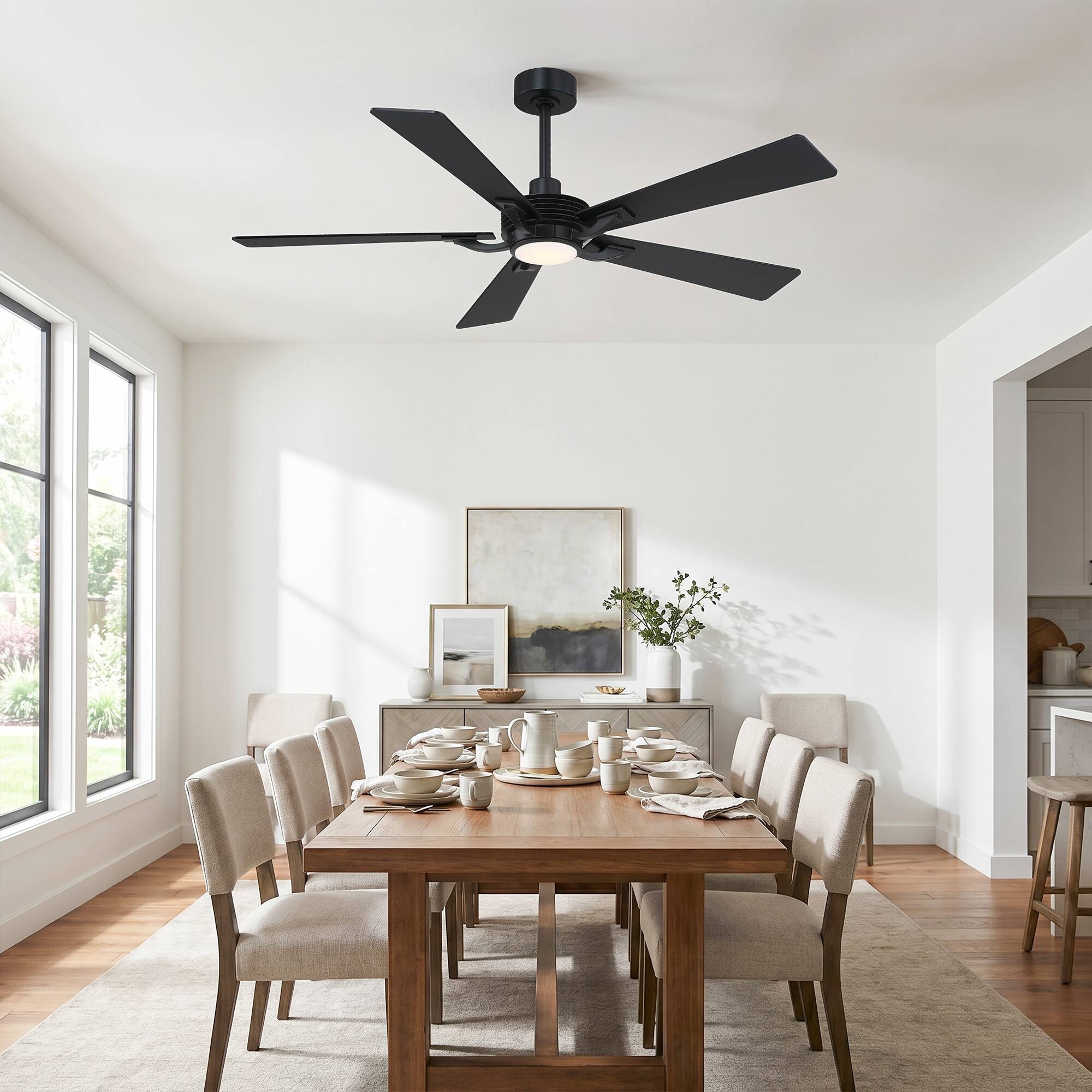 Back. Parrot Uncle - 56" Modern Black 5-Blade Ceiling Fan with Dimmable Light and Remote - Black.