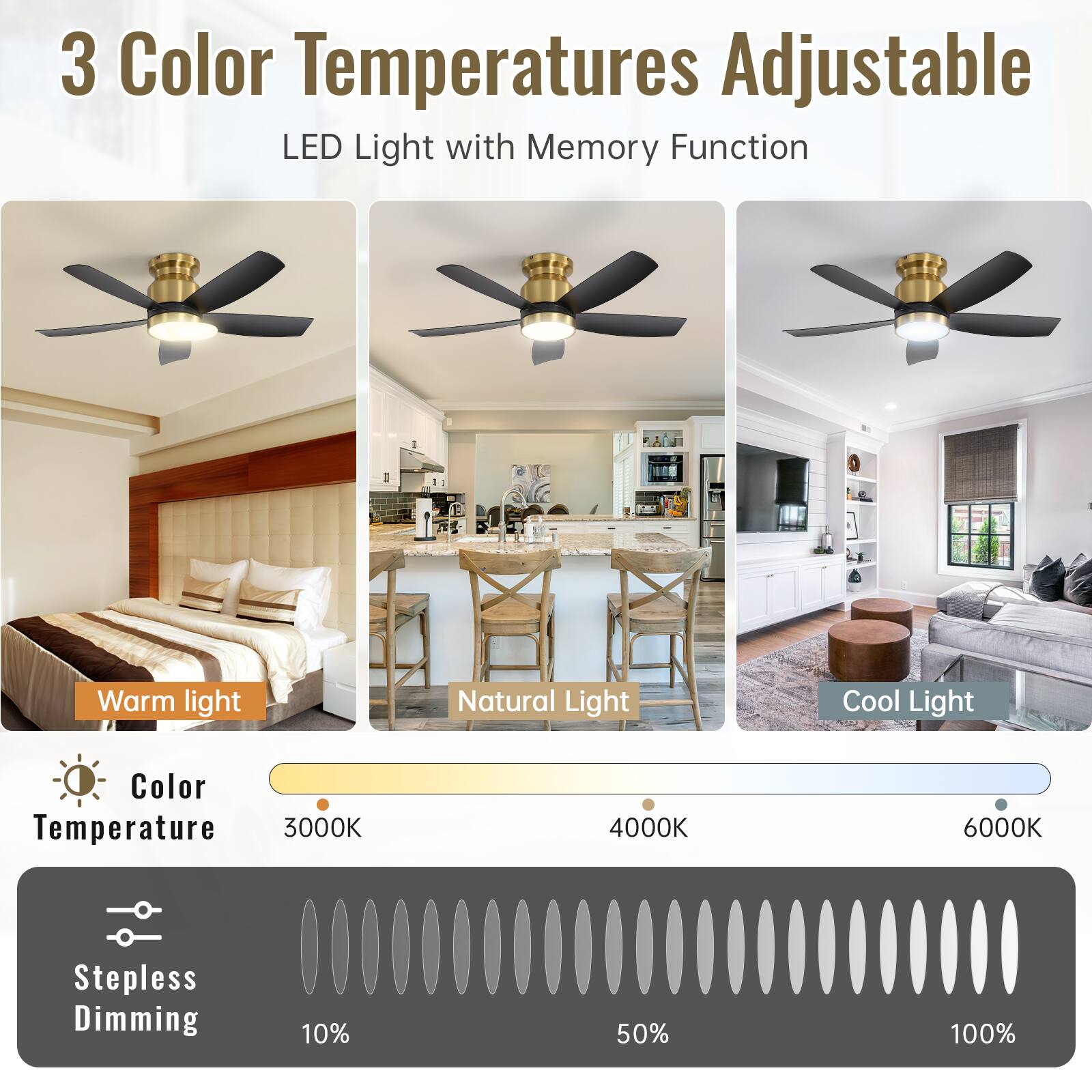 3 Color Temperatures Adjustable  
LED Light with Memory Function  

Warm light  
Natural Light  
Cool Light  

Color Temperature  
3000K  
4000K  
6000K  

Stepless Dimming  
10%  
50%  
100%