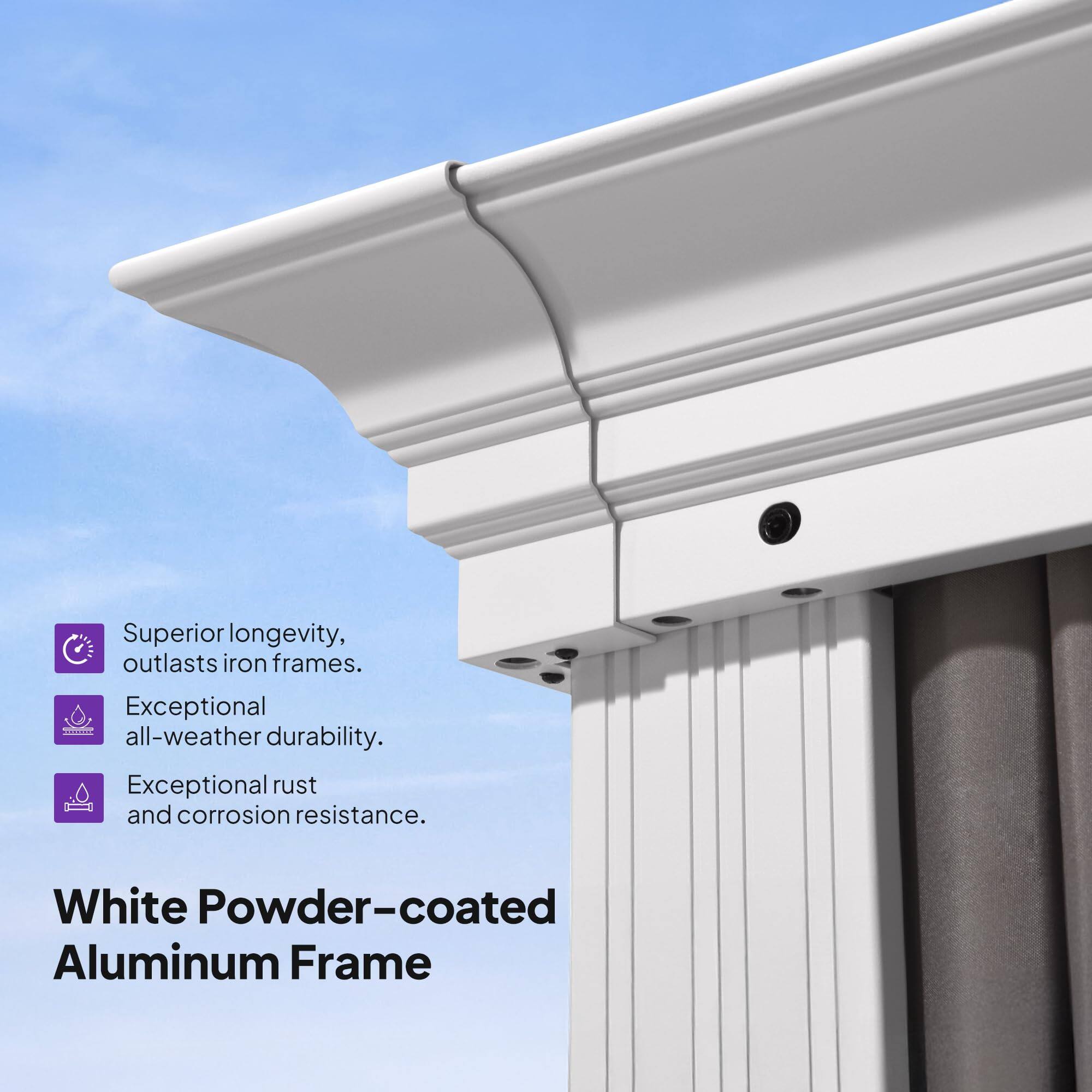 Superior longevity, outlasts iron frames.  
Exceptional all-weather durability.  
Exceptional rust and corrosion resistance.  

White Powder-coated Aluminum Frame