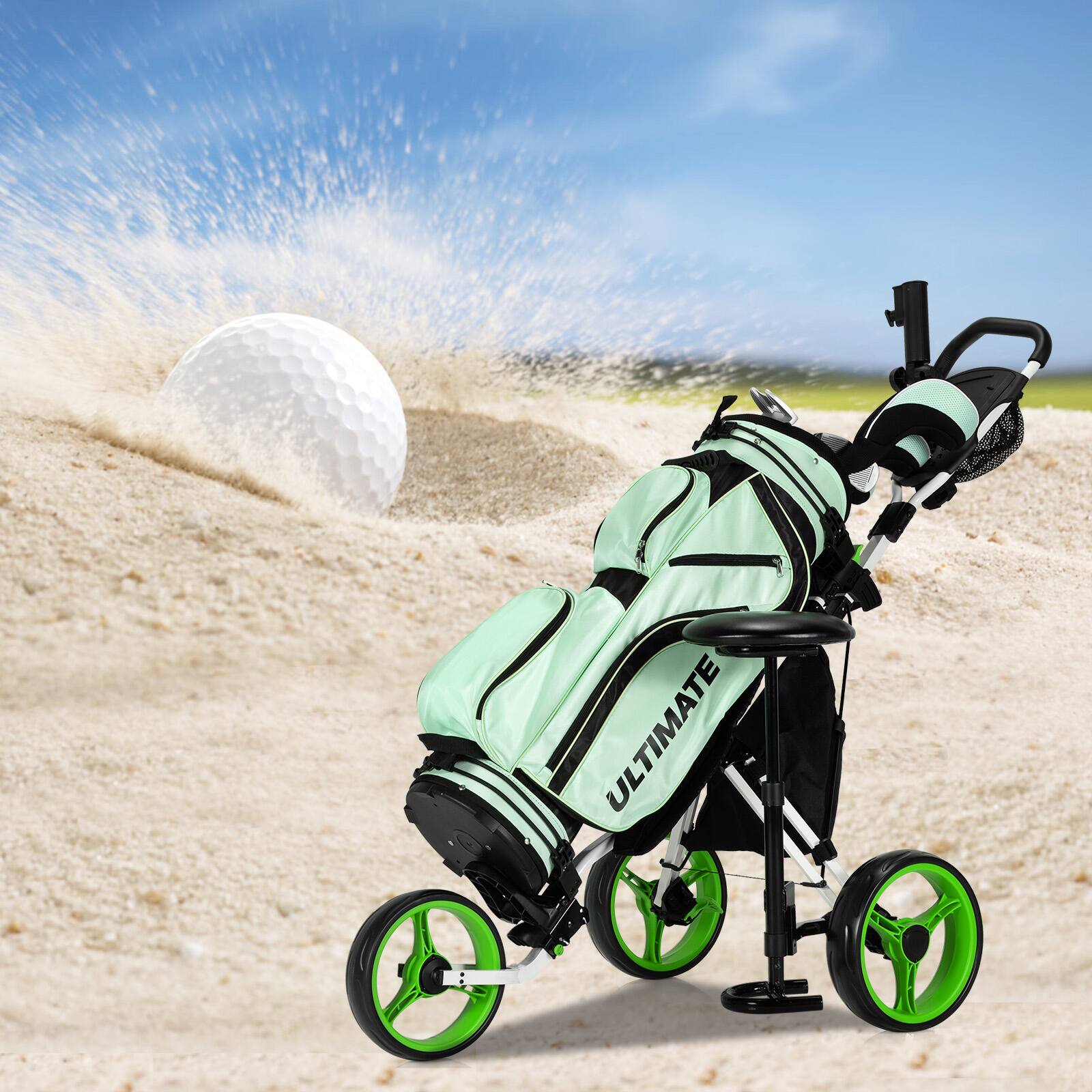 Alt View 8. Costway - Costway Folding 3 Wheels Golf Push Cart W/Seat Scoreboard Adjustable Handle - Green.