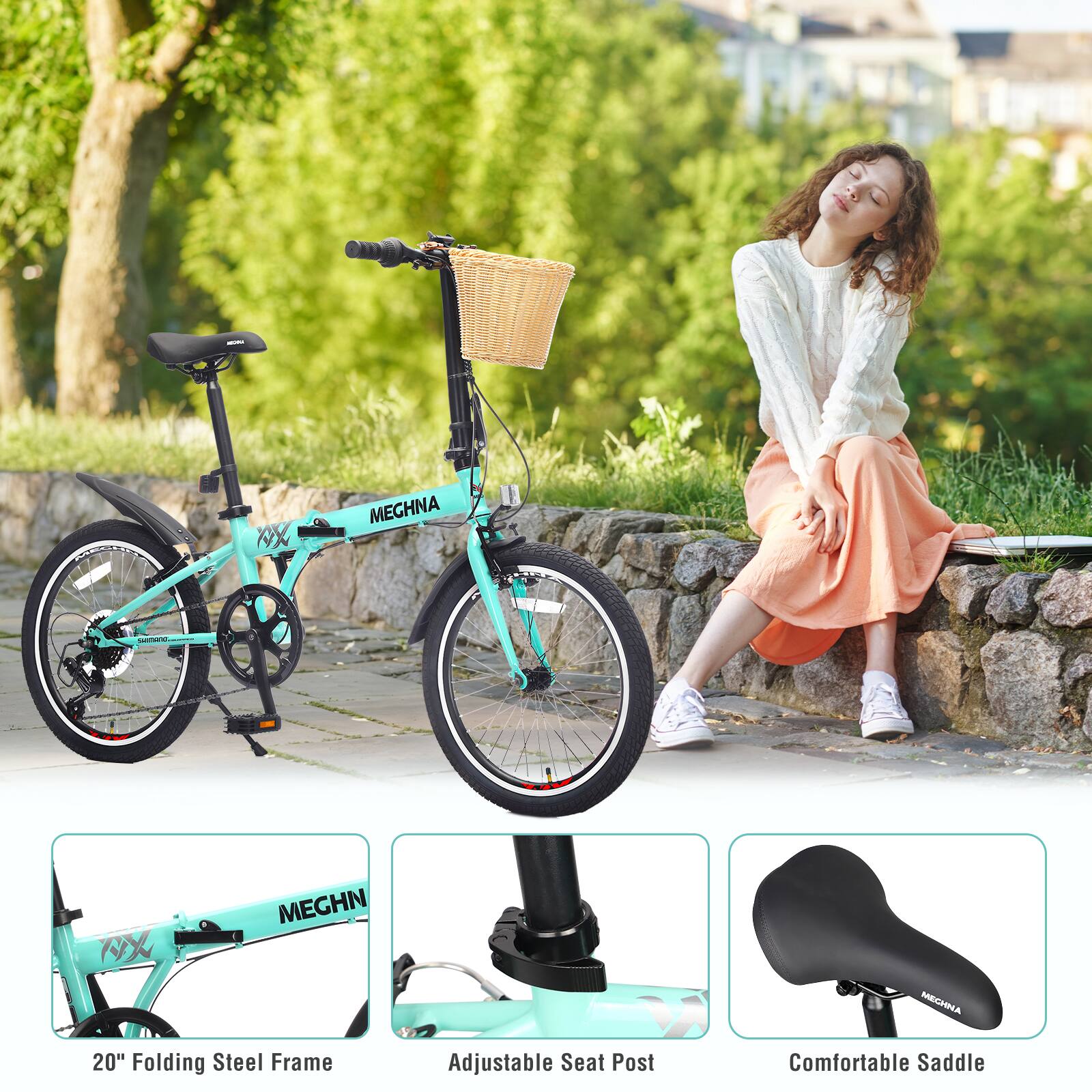 - AX MEGHNA  
- N MEGHN MECHNA  
- 20" Folding Steel Frame Adjustable Seat Post Comfortable Saddle  
- 20" Folding Steel Frame  
- Adjustable Seat Post  
- Comfortable Saddle