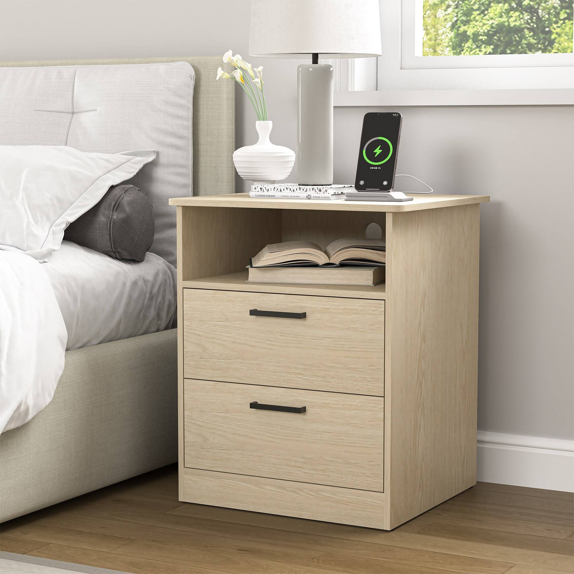 Front. Kadyn - Kadyn Wood Nightstand With Charging Station, Bedside Table With 2 Drawers, Bedroom, Light Brown - Light Brown.