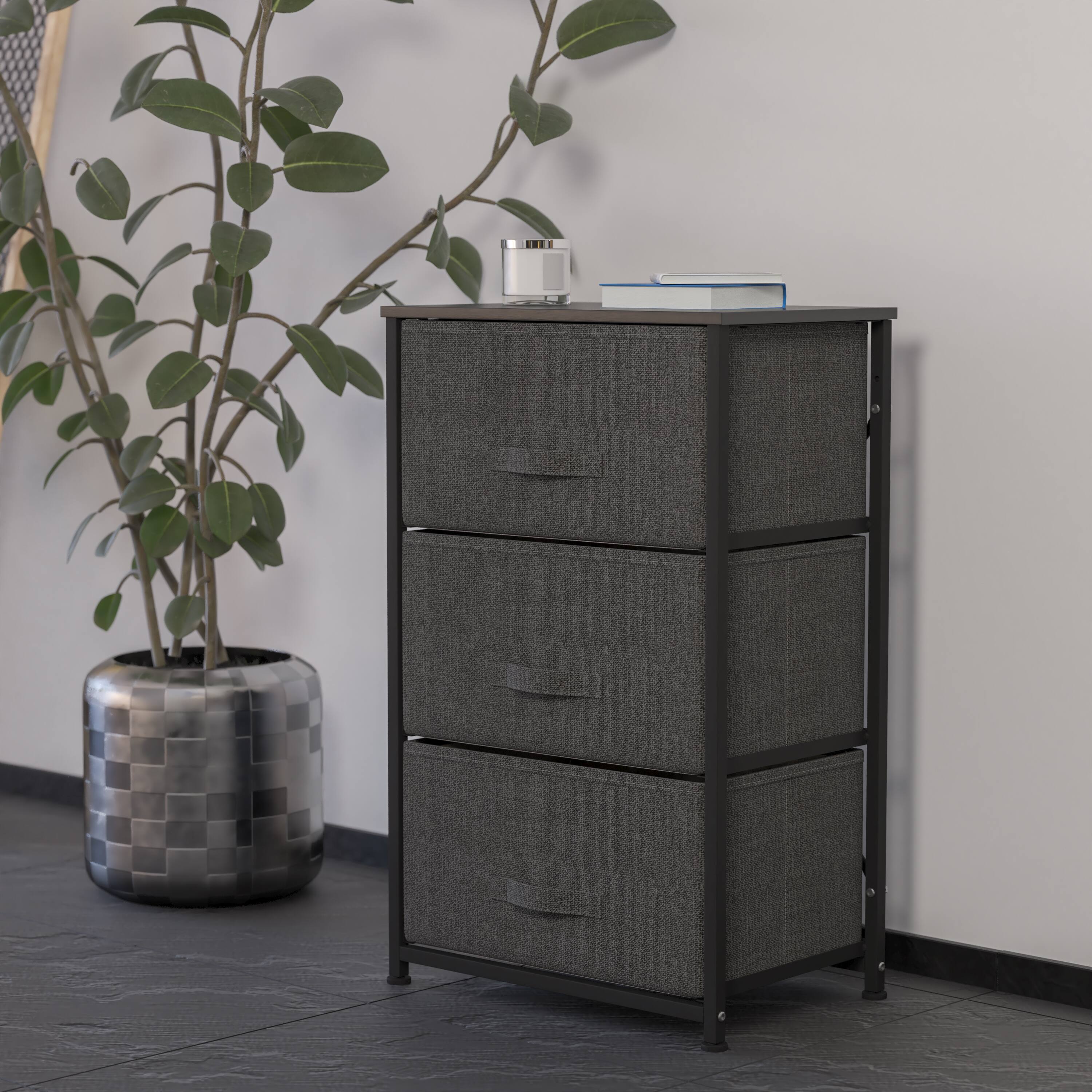 Alt View 1. Emma + Oliver - 3 Drawer Vertical Storage Dresser with Wood Top & Fabric Pull Drawers - Gray Drawers/Black Frame.