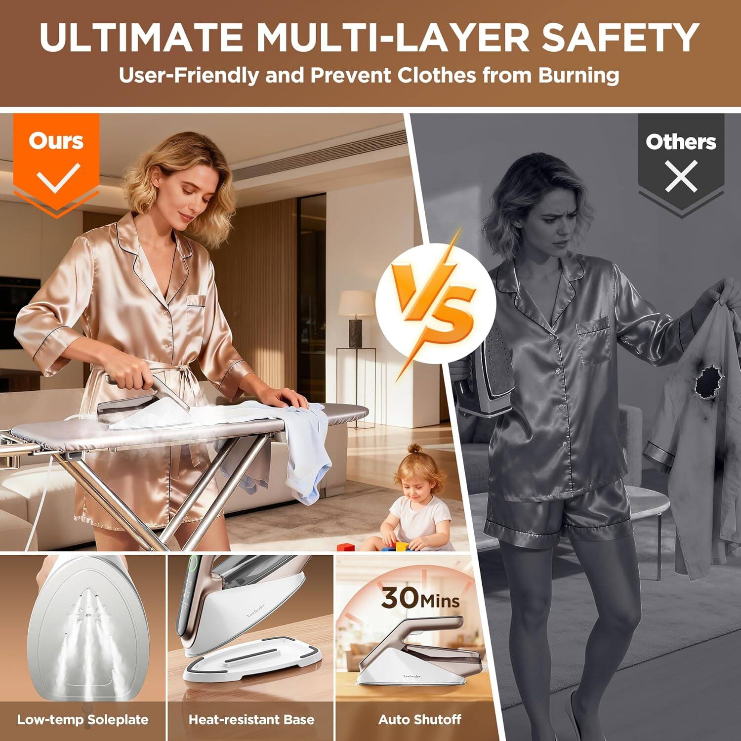 ULTIMATE MULTI-LAYER SAFETY  
User-Friendly and Prevent Clothes from Burning  

Ours  
VS  
Others  

Low-temp Soleplate  
Heat-resistant Base  
Auto Shutoff  

30 Mins