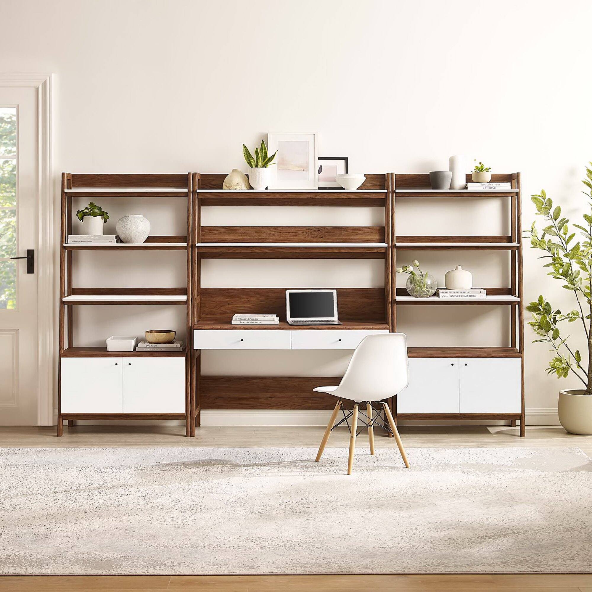 Back. Modway - Bixby 3-Piece Wood Office Desk and Bookshelf by Modway - Walnut White.