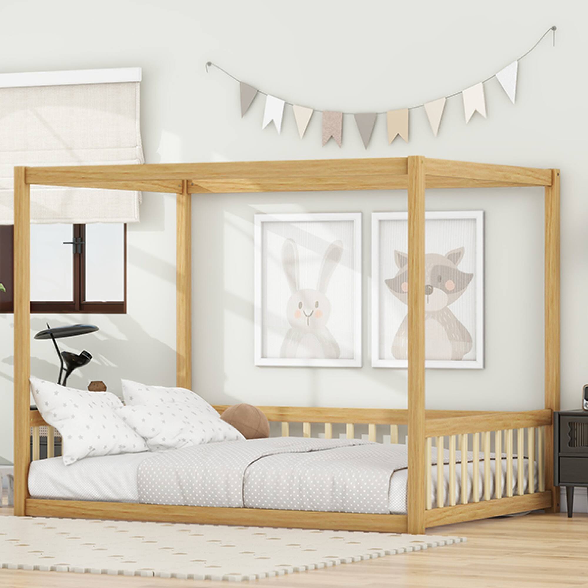 Alt View 6. GOODSILO - Full Size Canopy Frame Floor Bed with Safety Guardrails - Natural.