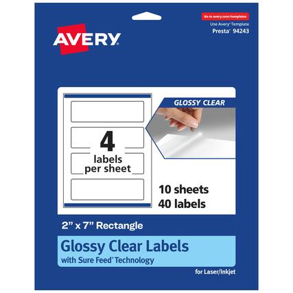 Go to avery.com/templates
AVERY
Use Avery Template Presta® 94243
GLOSSY CLEAR
4 labels per sheet
10 sheets 40 labels
2" x 7" Rectangle
Glossy Clear Labels
with Sure Feed® Technology
for Laser/Inkjet