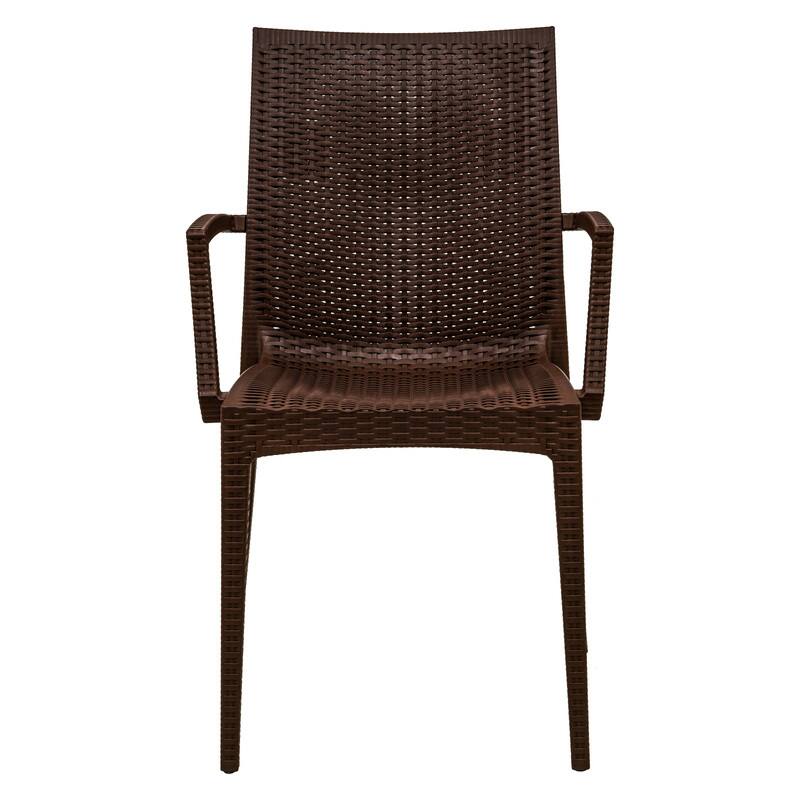 Back. LeisureMod - Mace 4-Pieces Modern Woven Pattern Dining Chairs - Waterproof Stackable Indoor Outdoor Patio Chairs - Brown.