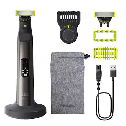 The image features a Philips OneBlade shaving system, which includes a shaver, a bag, and a charger. The shaver is designed to provide a comfortable and efficient shaving experience, while the bag and charger are essential accessories for maintaining the device and keeping it charged. The image showcases the various components of the Philips OneBlade system, making it a comprehensive representation of the product.