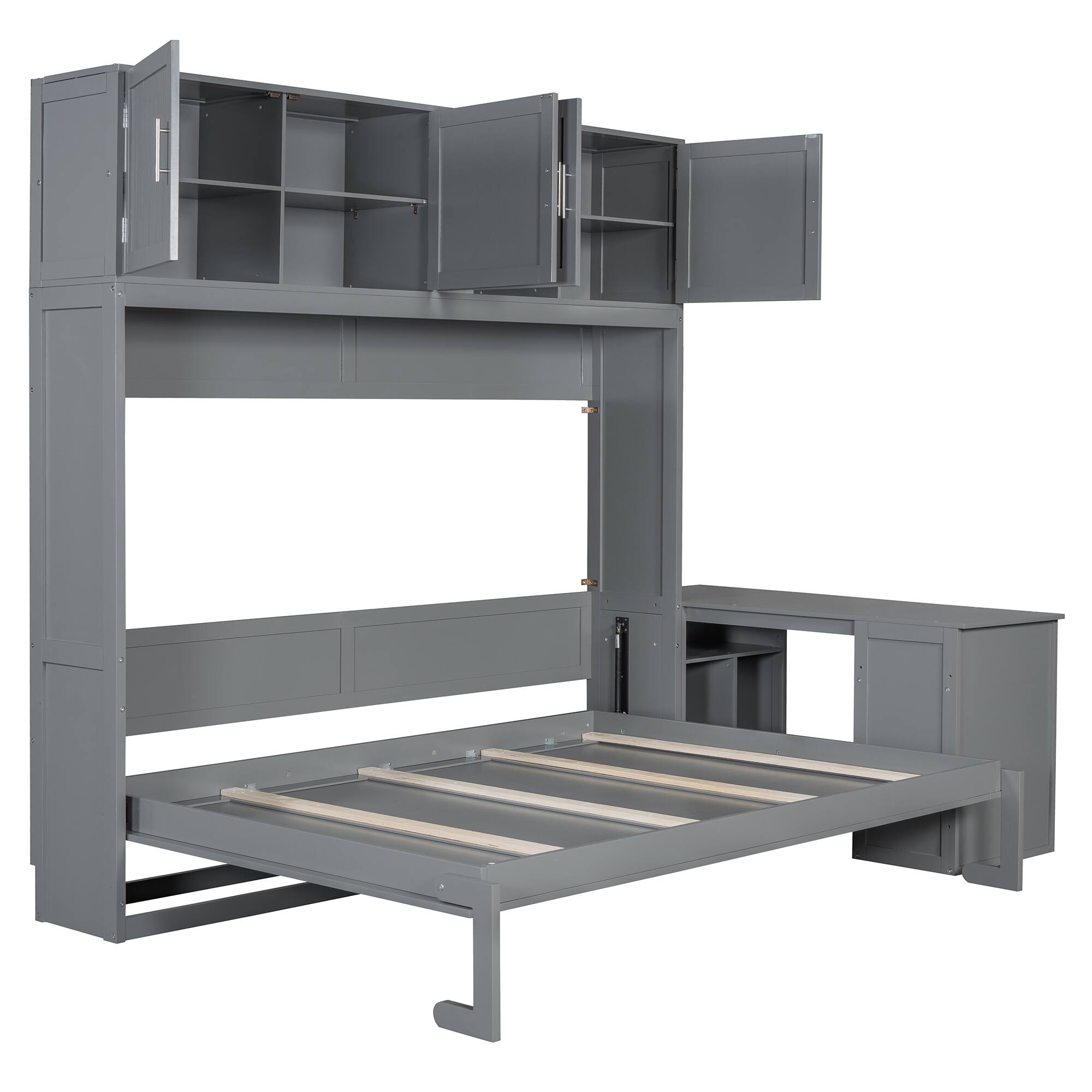 Back. Tiramisubest - Queen Size Gray Wood Murphy Bed with Desk & Storage - Gray.