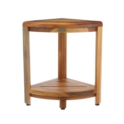 Front. EcoDecors - EcoDecors Snazzy Corner Two Tier Shelf Waterproof Teak Wood Shower Bench - EarthyTeak.