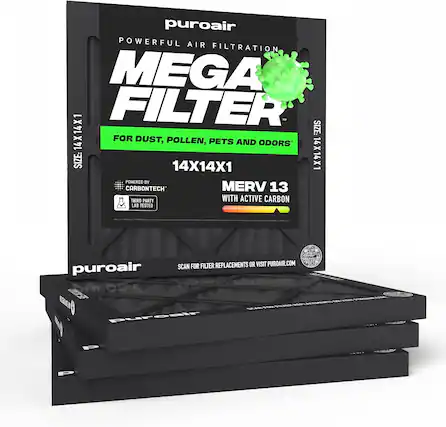 puroair POWERFUL AIR FILTRATION MEGA FILTER 202 SIZE: 14X14X1 FOR DUST, POLLEN, PETS AND ODORS POWERED BY CARBONTECH MERV 13 THIRD PARTY WITH ACTIVE CARBON LAB TESTED
puroair
SCAN FOR FILTER REPLACEMENTS OR VISIT PUROAIR.COM