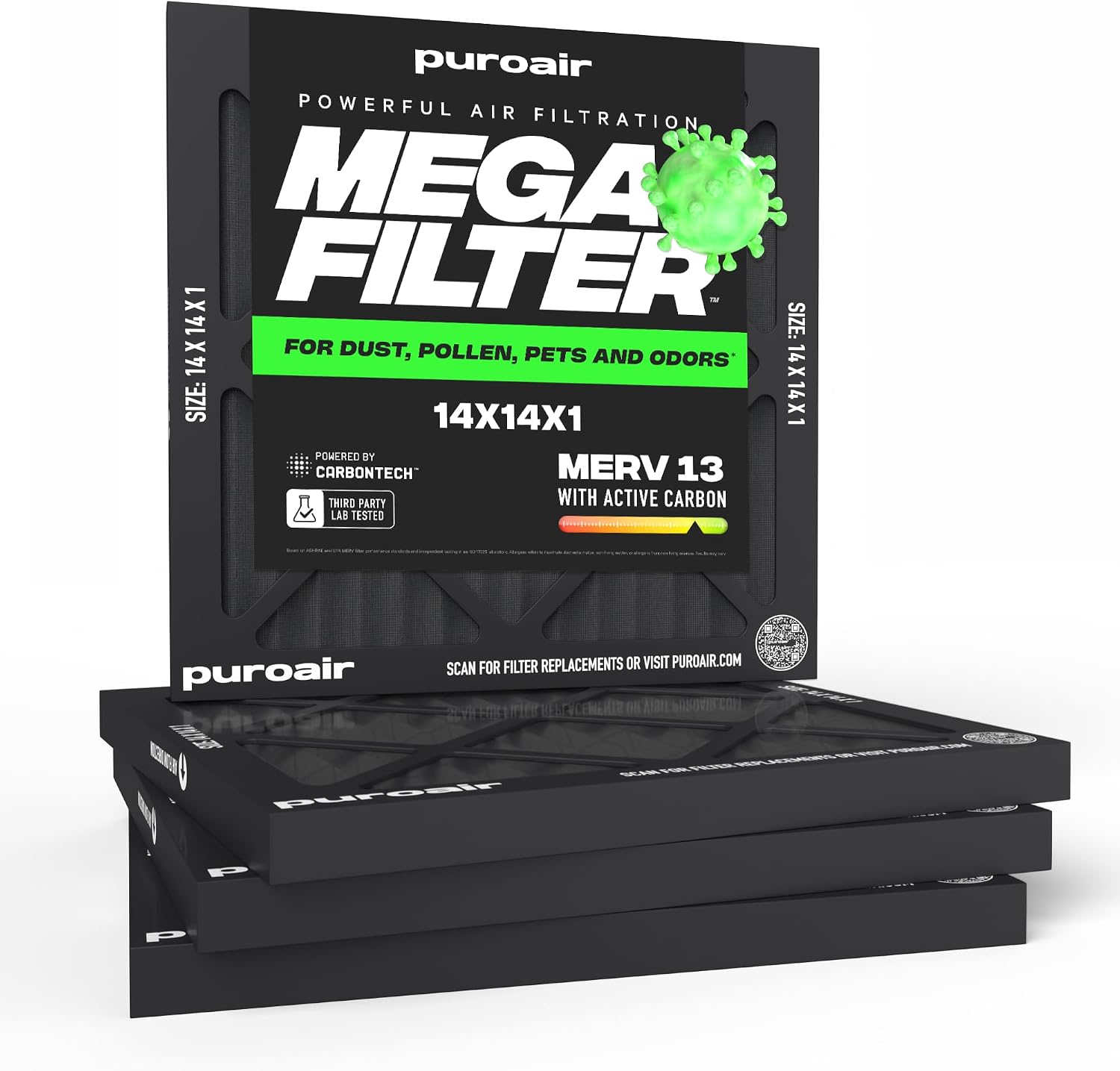 puroair POWERFUL AIR FILTRATION MEGA FILTER 202 SIZE: 14X14X1 FOR DUST, POLLEN, PETS AND ODORS POWERED BY CARBONTECH MERV 13 THIRD PARTY WITH ACTIVE CARBON LAB TESTED

puroair
SCAN FOR FILTER REPLACEMENTS OR VISIT PUROAIR.COM