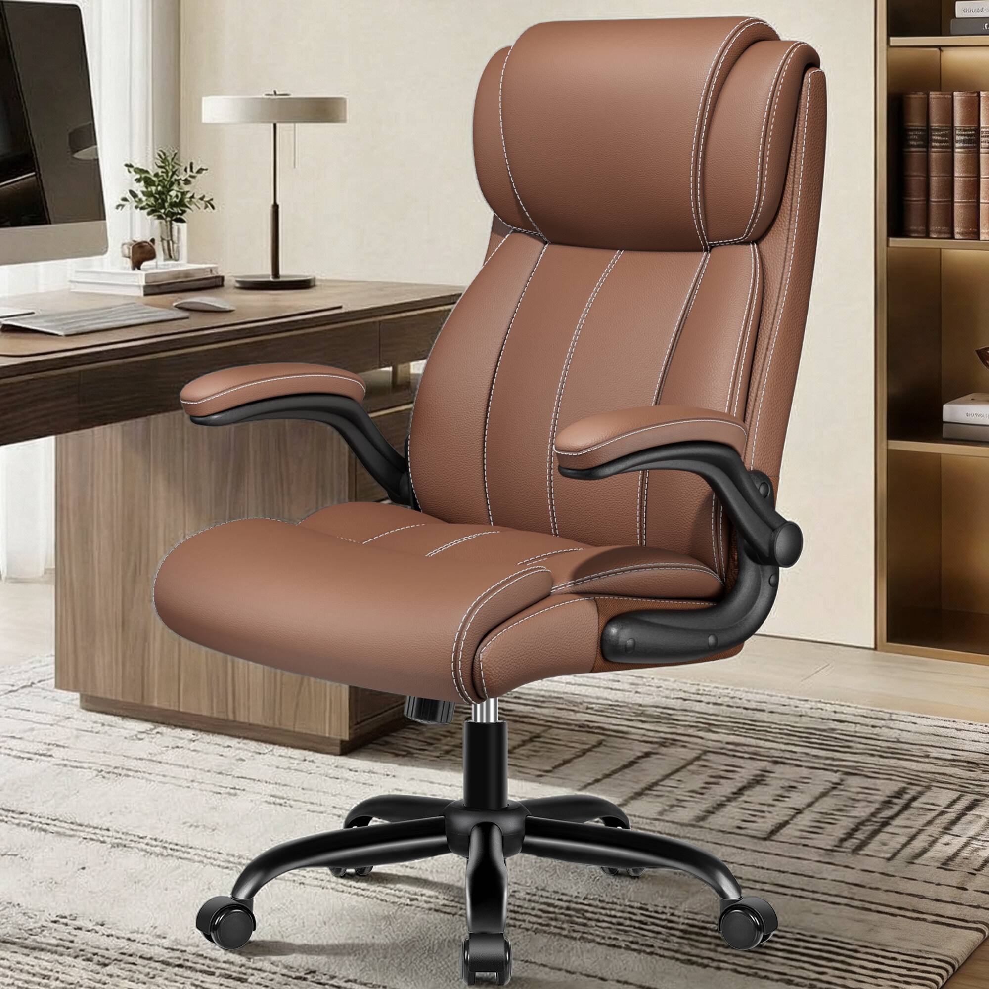 Front. Brick Attic - 400 lbs High-Back Executive Office Chair with Adjustable Air Lumbar Flip-Up Armrests, Home Desk Rocking Computer Chair - Brown.