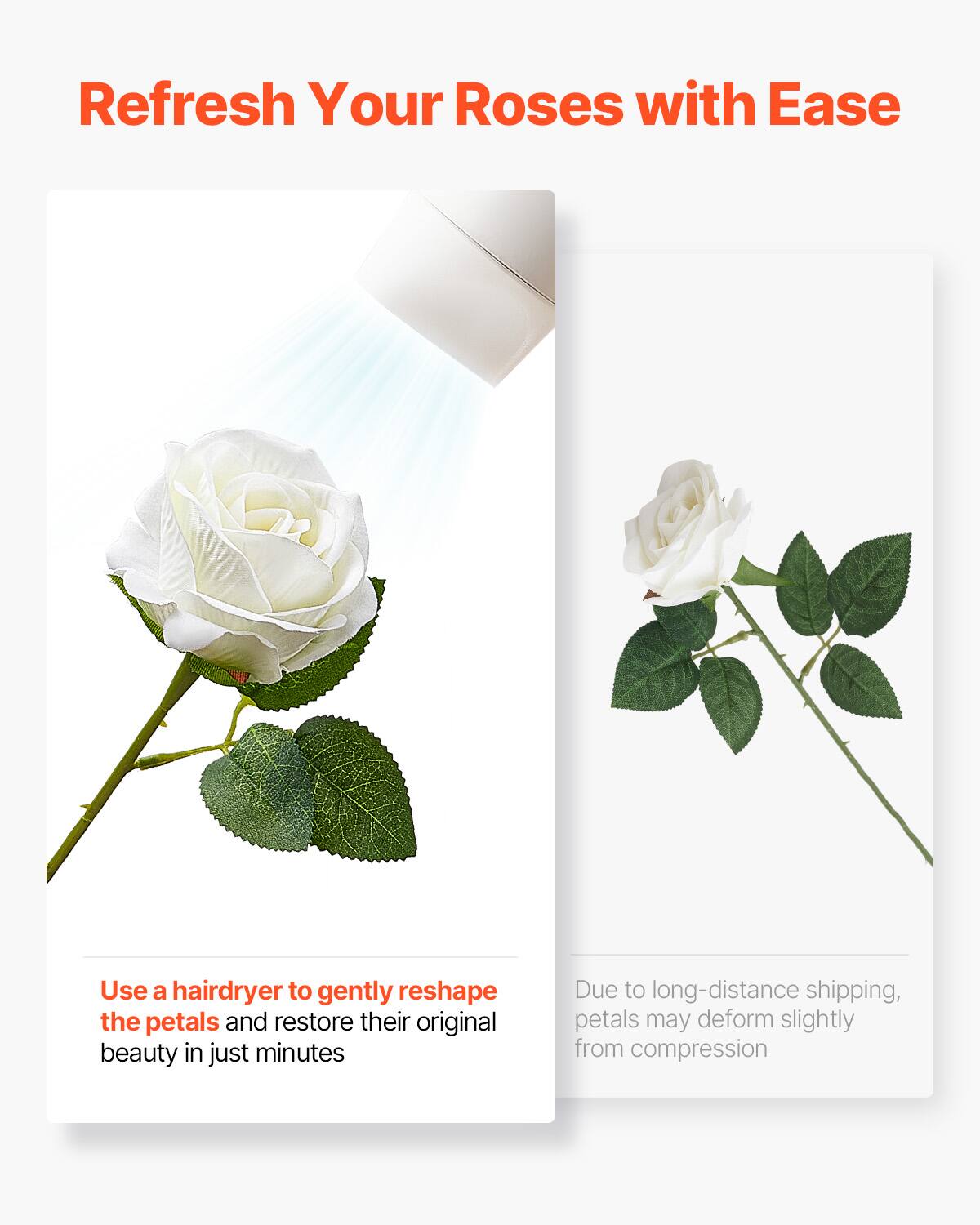 Refresh Your Roses with Ease

Use a hairdryer to gently reshape the petals and restore their original beauty in just minutes

Due to long-distance shipping, petals may deform slightly from compression