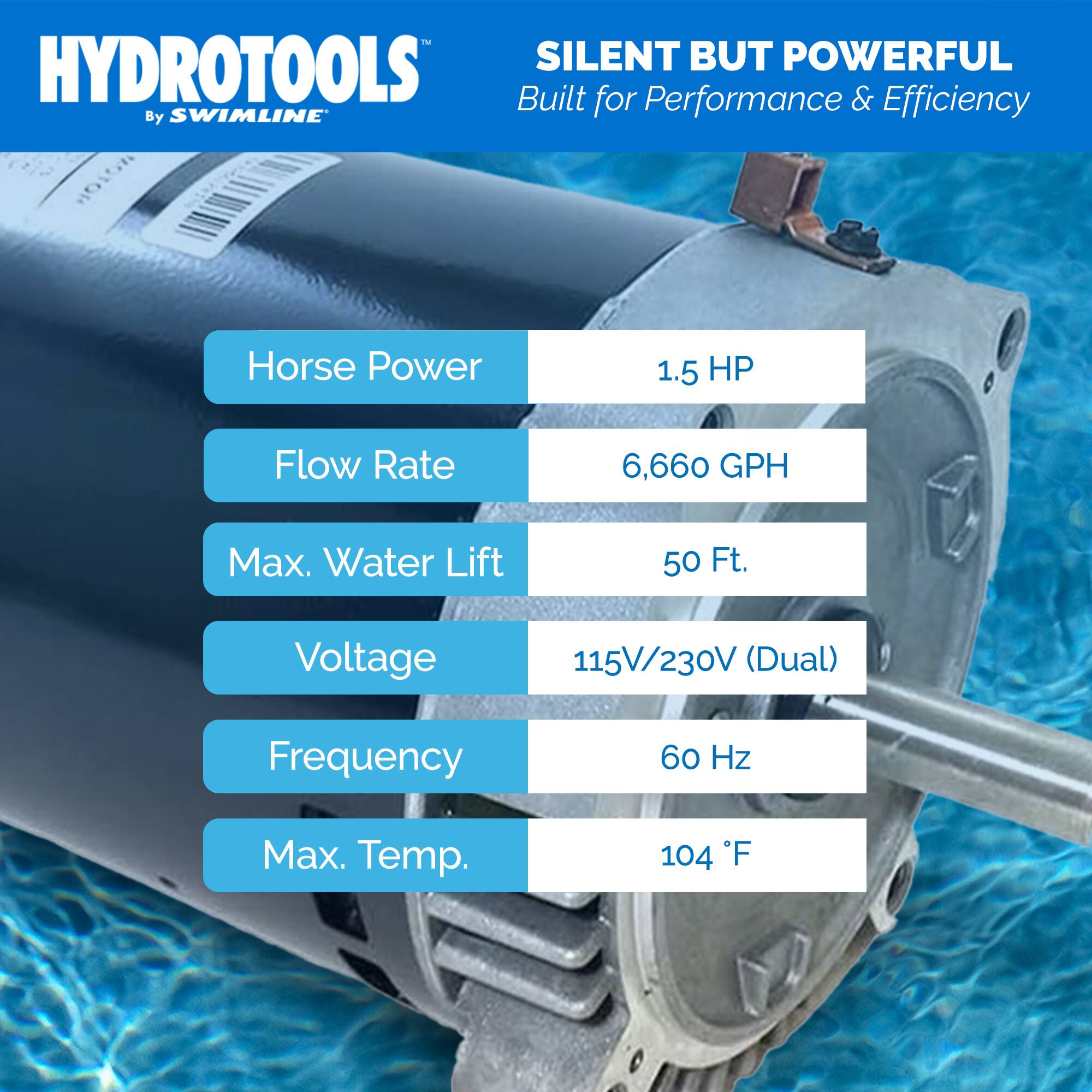 HYDROTOOLS  
By SWIMLINE  

SILENT BUT POWERFUL  
Built for Performance & Efficiency  

- Horse Power: 1.5 HP  
- Flow Rate: 6,660 GPH  
- Max. Water Lift: 50 Ft.  
- Voltage: 115V/230V (Dual)  
- Frequency: 60 Hz  
- Max. Temp.: 104 °F
