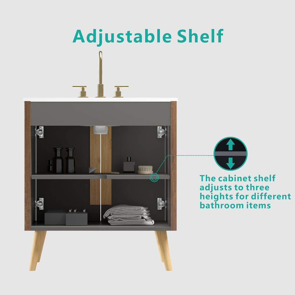 Adjustable Shelf

The cabinet shelf adjusts to three heights for different bathroom items