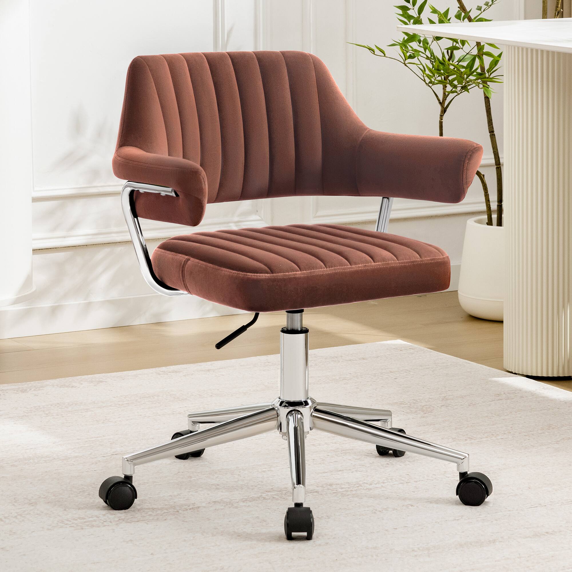 Alt View 7. KERDOM - Rolling Mid Back Computer Chair, Swivel Makeup Chair with Arms, Adjustable Height Modern Style Velvet Home Office Chair - Red-1PC.