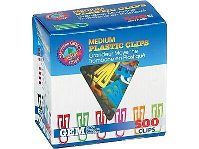 MEDIUM PLASTIC CLIPS  
Grandeur Moyenne  
Trombone en Plastique  

GEM  
Genuine Quality  
Office Products Company  

500 CLIPS