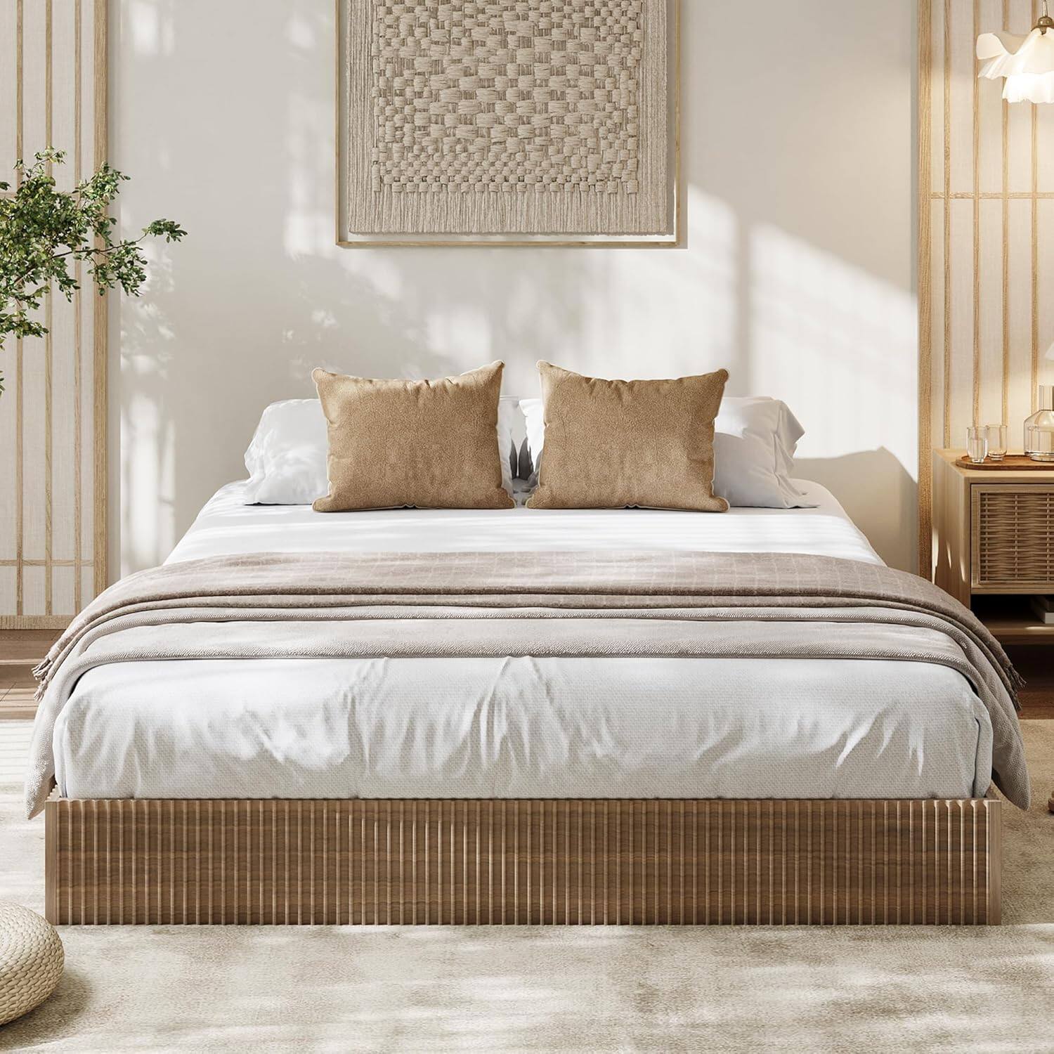 Left. Homhougo - Full Bed Frame, Wood Platform Bed with Fluted Design, Low Profile BedFrame, Minimalist Bed Base with Noise-Free, Easy - Walnut.