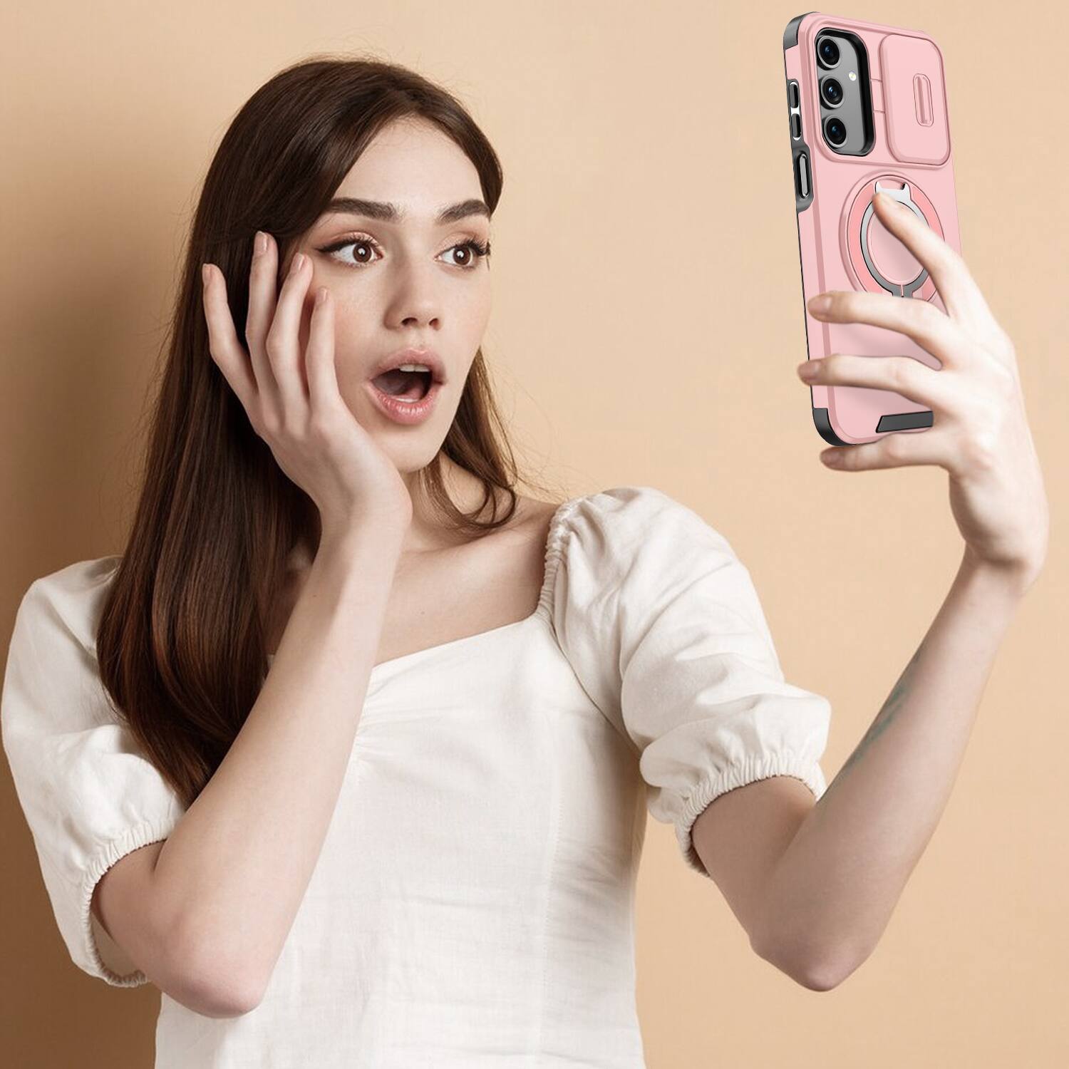 Alt View 6. UUCOVER - For Samsung Galaxy A16/A17 5G/4G Magnetic Case with Slide Camera Lens Cover & 360° Ring Kickstand, Drop Protection Shell - Pink.