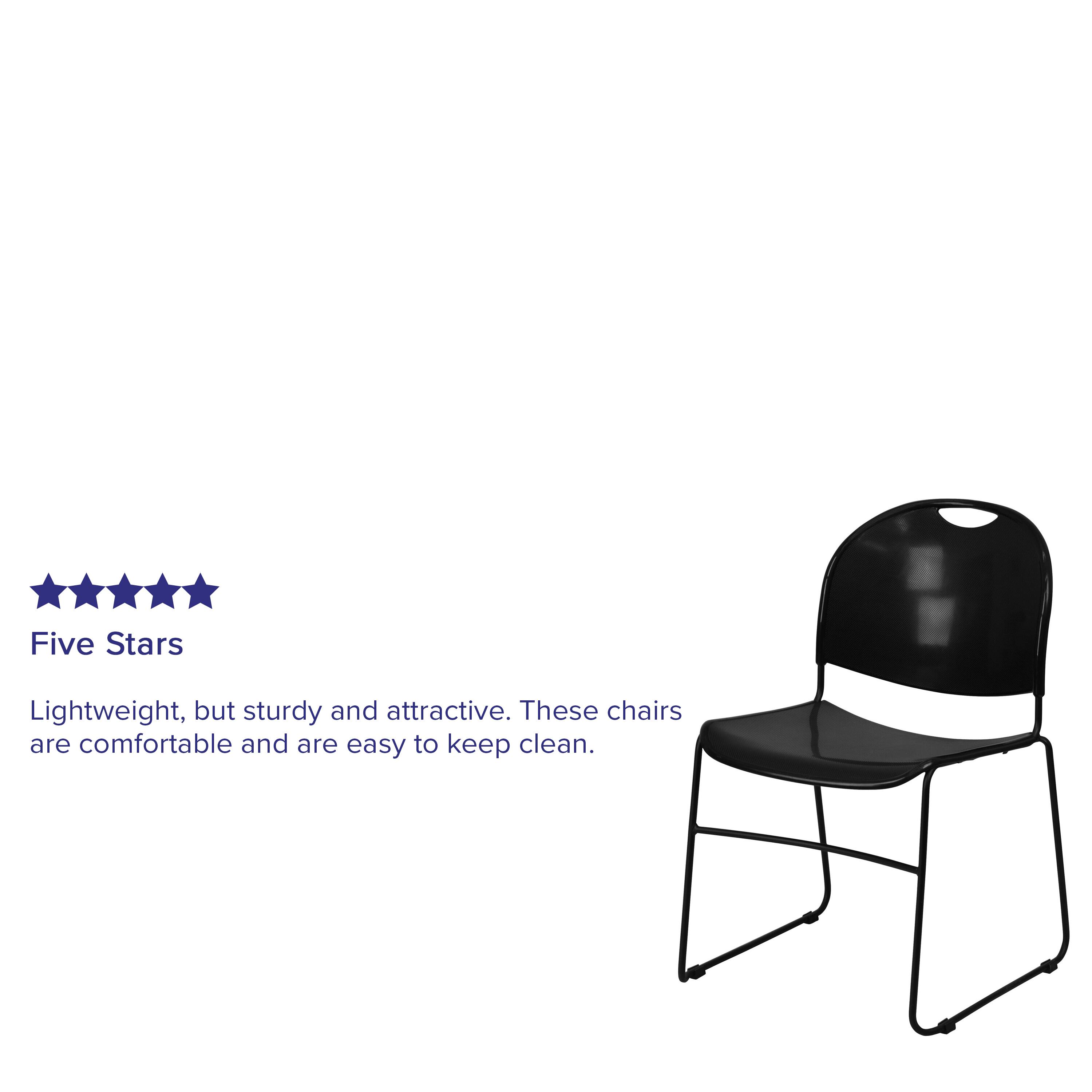 Five Stars

Lightweight, but sturdy and attractive. These chairs are comfortable and are easy to keep clean.