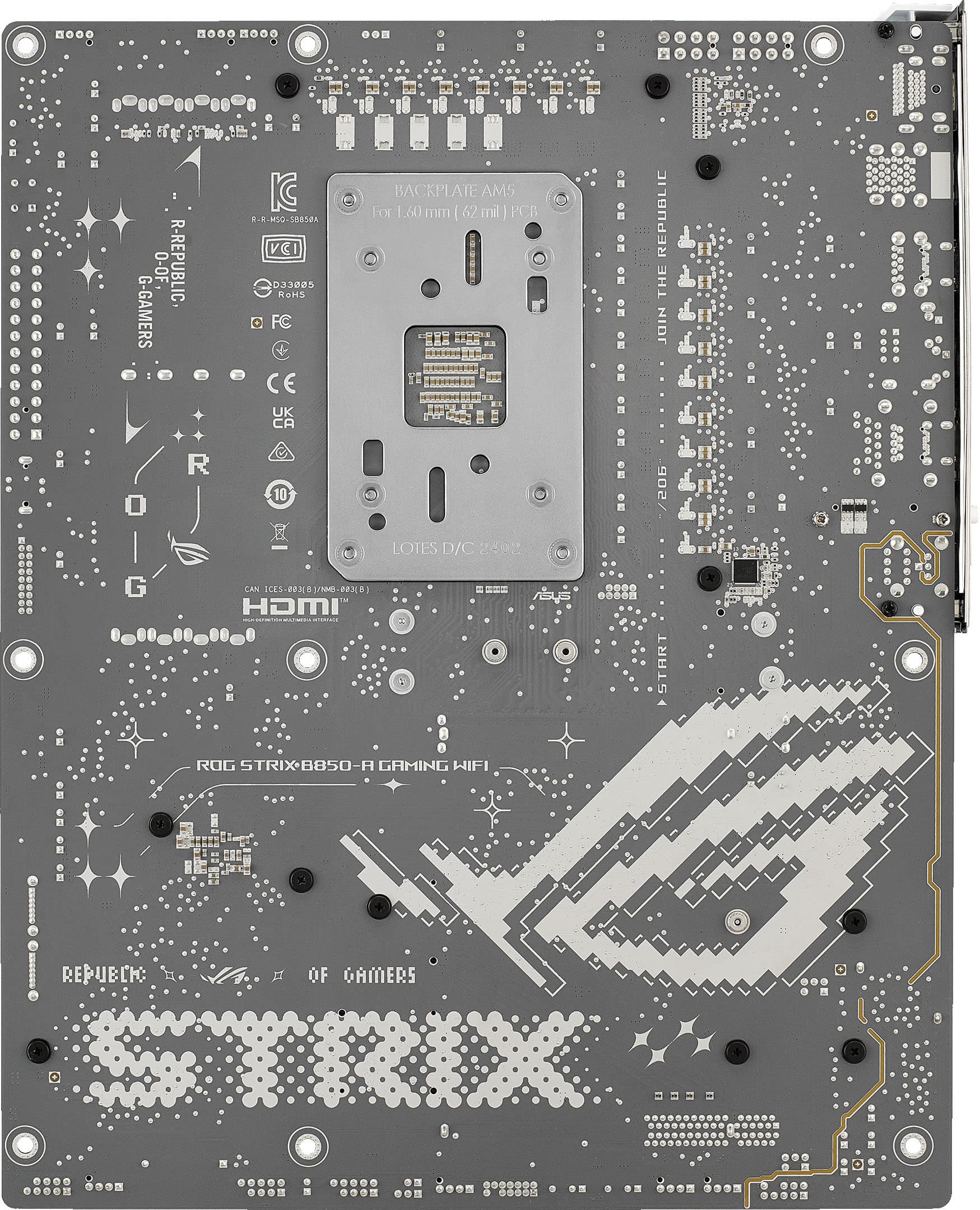 * 0-OF R-REPUBLIC G-GAMERS IC KE-MIO-S88SA VCI Da35 RaHs FC CE UK CA BACKPLATE ATE AM5 For 1.60 mm 62 mi PCB 8D REPUBLIC OF GAMERS THE NIDE OOSOOO 10 LOTES D/C 2402 CAN ICES-R/ HDMI 00. STHRIX ROG STRIX-8850-A GAMING WIFI + REPUBLIC OF GAMERS
