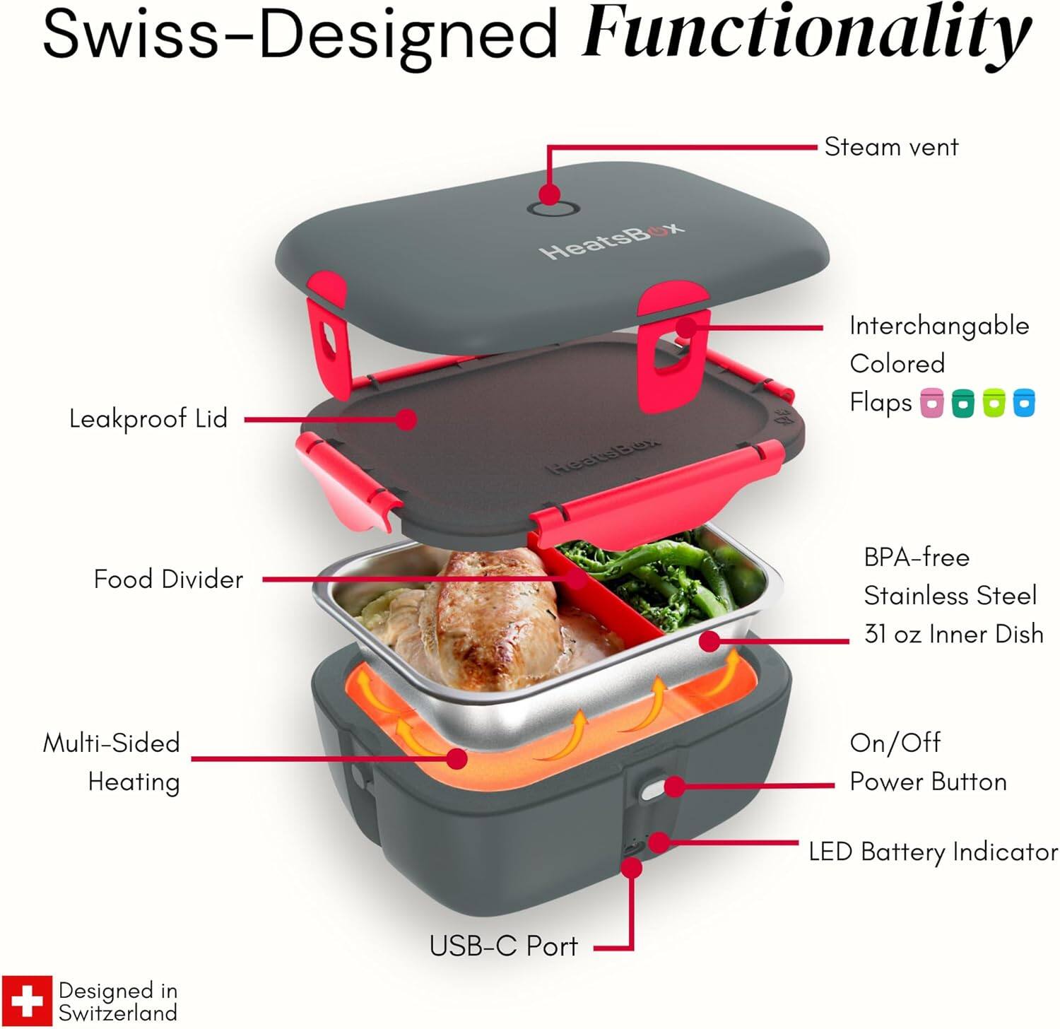 Swiss-Designed Functionality

- Steam vent
- Leakproof Lid
- Interchangeable Colored Flaps
- Food Divider
- BPA-free Stainless Steel
- 31 oz Inner Dish
- Multi-Sided Heating
- On/Off Power Button
- LED Battery Indicator
- USB-C Port

Designed in Switzerland