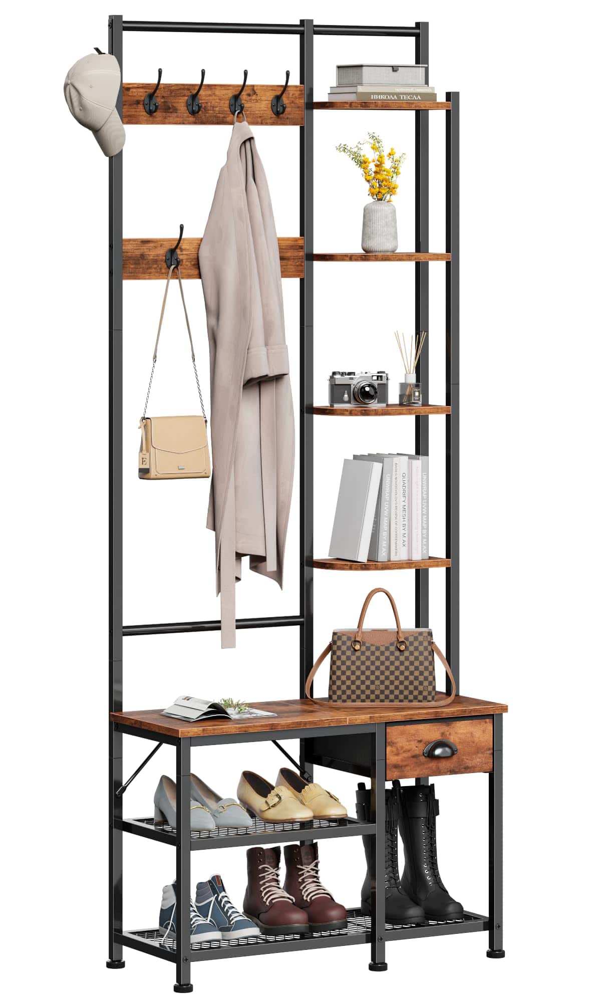 Hirose Alice - Furologee Coat Rack Hall Tree with Bench and - Rustic Brown 7-Tier