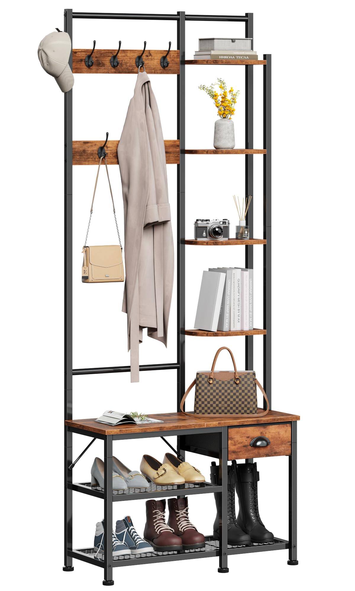 Hirose Alice - Furologee Coat Rack Hall Tree with Bench and - Rustic Brown 7-Tier