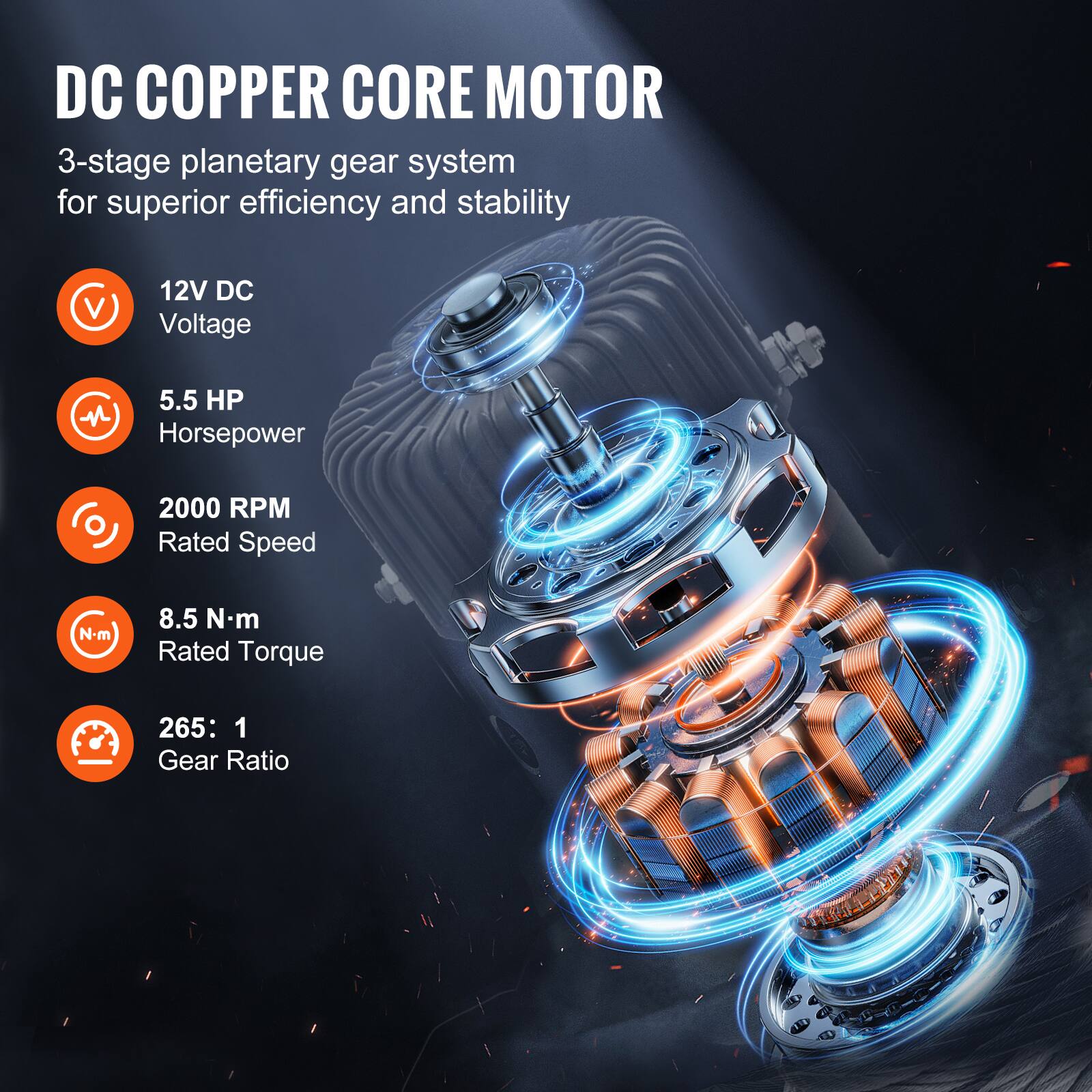 DC COPPER CORE MOTOR
3-stage planetary gear system for superior efficiency and stability

12V DC Voltage
5.5 HP Horsepower
2000 RPM Rated Speed
8.5 N-m Rated Torque
265: 1 Gear Ratio