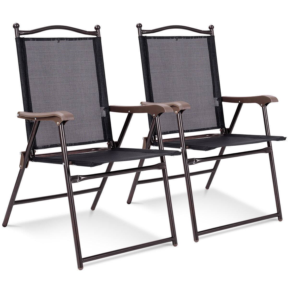 Front. Costway - Costway Set of 2 Patio Folding Sling Back Chairs Camping Deck Garden Beach - Black.